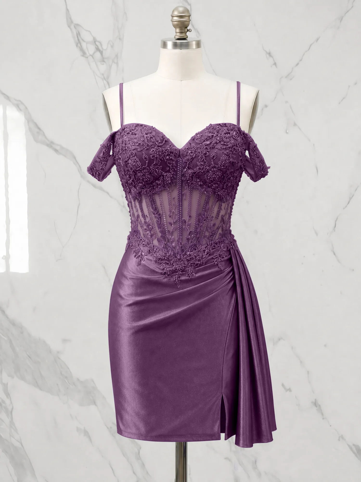 Off-the-Shoulder Lace Corset Homecoming Dress with Draped Skirt