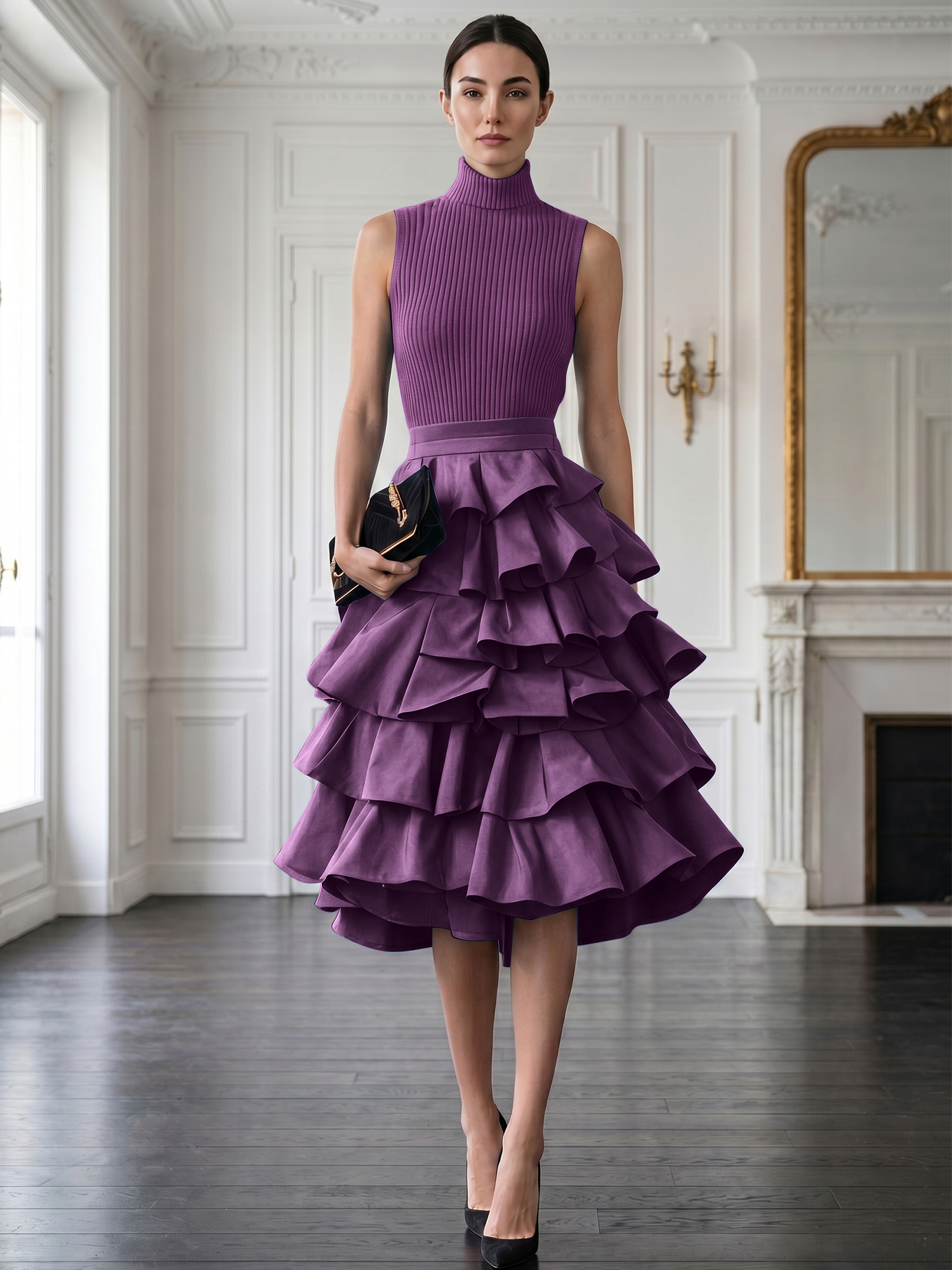 Avant-Garde Black High-Neck Tiered Ruffled Evening Gown