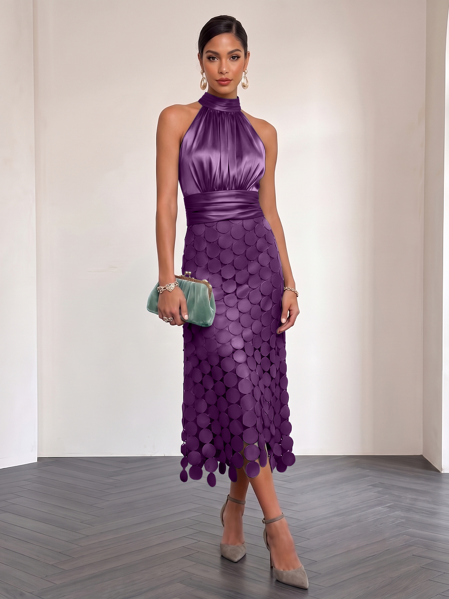 Ice Blue Satin Halter Circle Motif Midi Formal Evening Gown