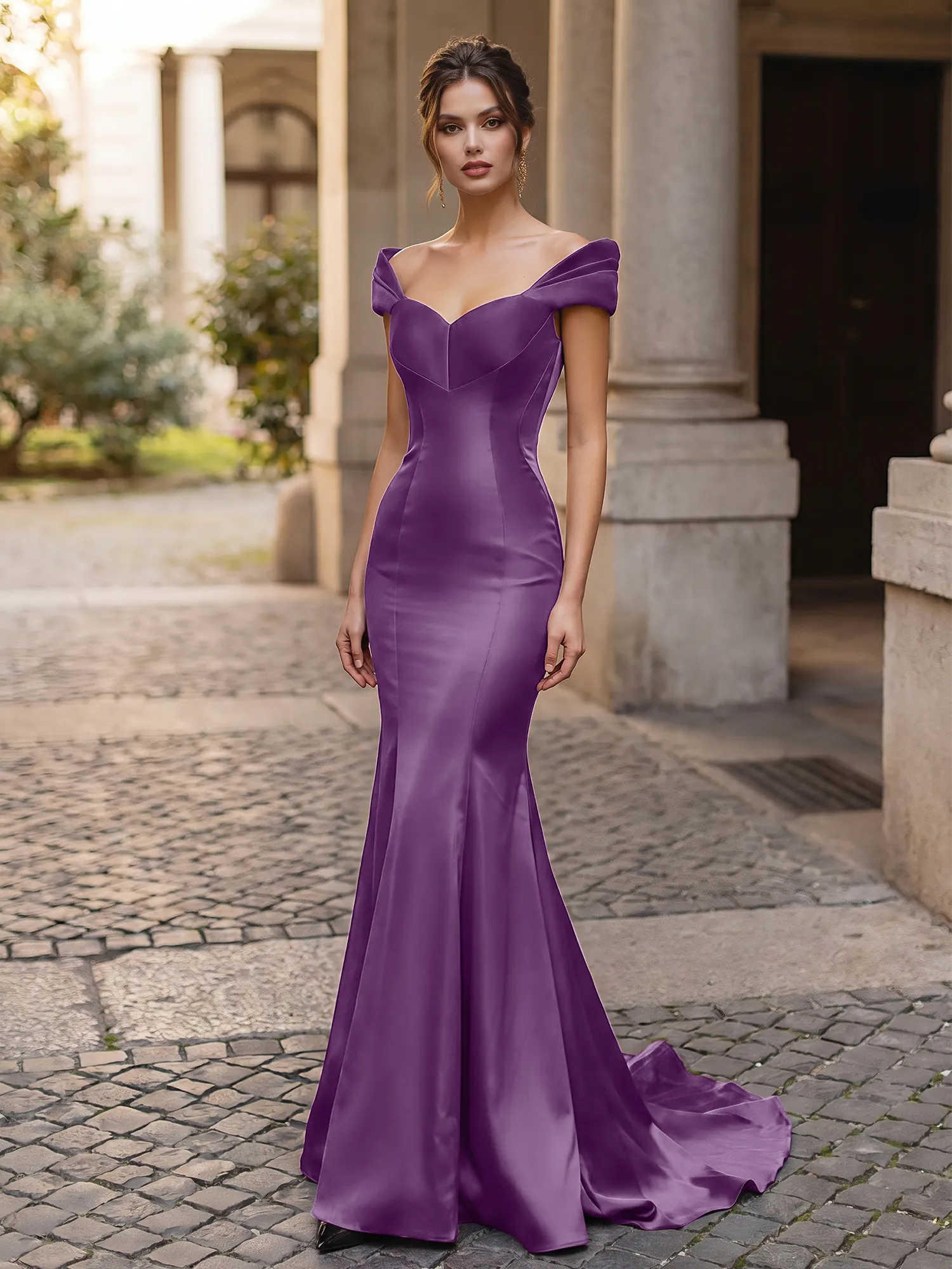 Off-the-Shoulder Sweetheart Lace-Up Back Satin Mermaid Prom Dress