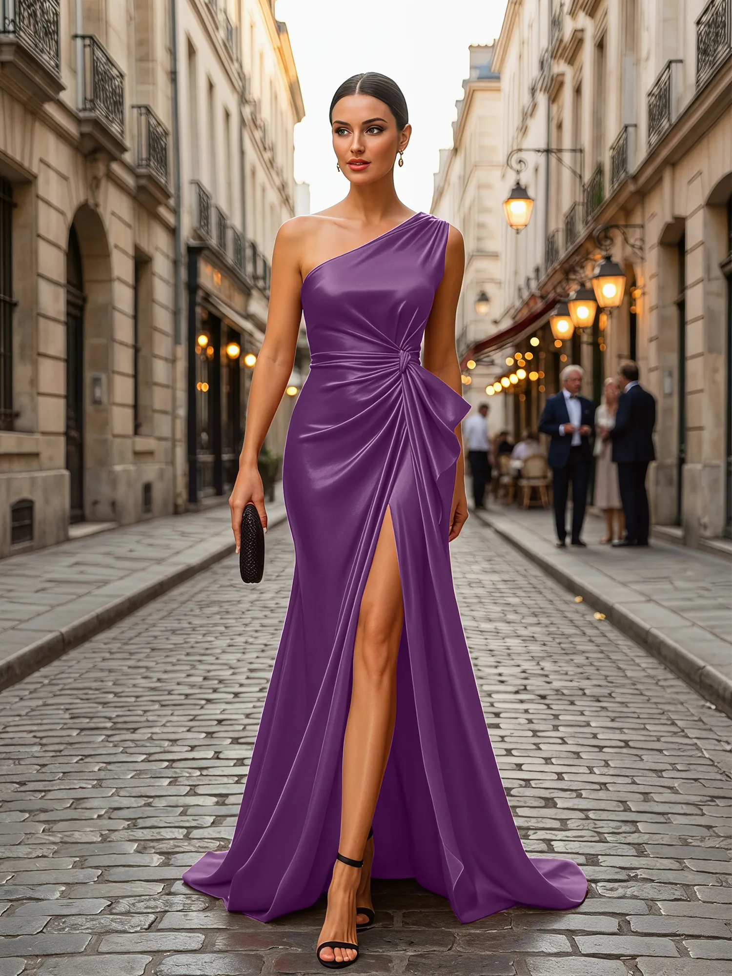 One-Shoulder Satin Gown with Waist Knot and Slit