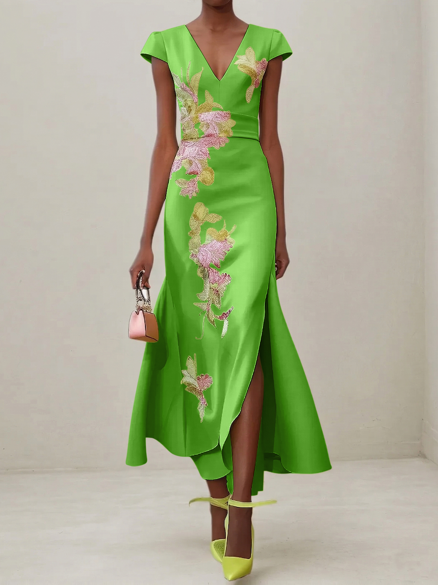 Elegant V-Neck Cap Sleeve Satin Midi Gown with Floral Embroidery & High Slit