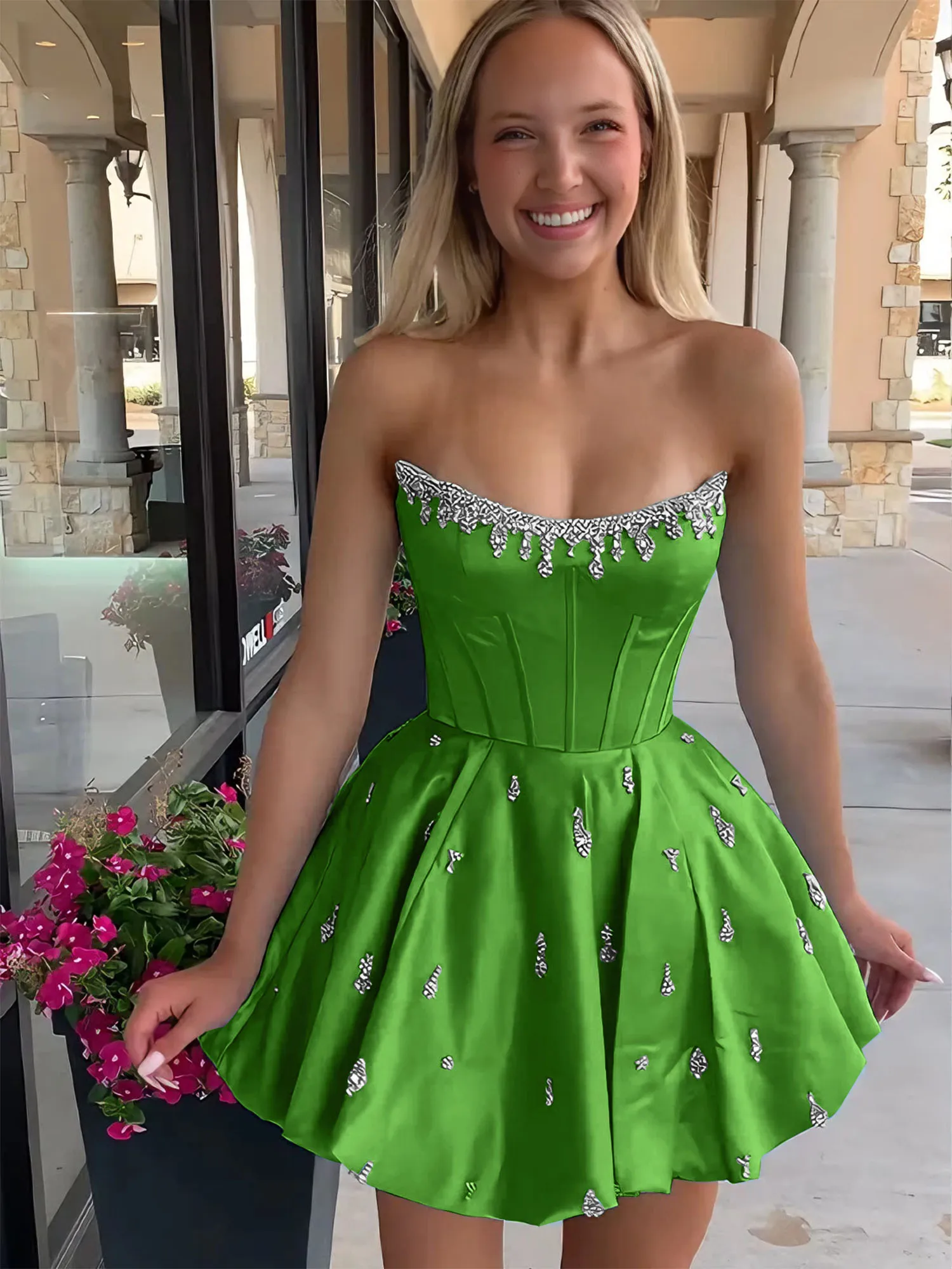 Strapless Beaded Corset Lace-Up Back Satin Homecoming Dress