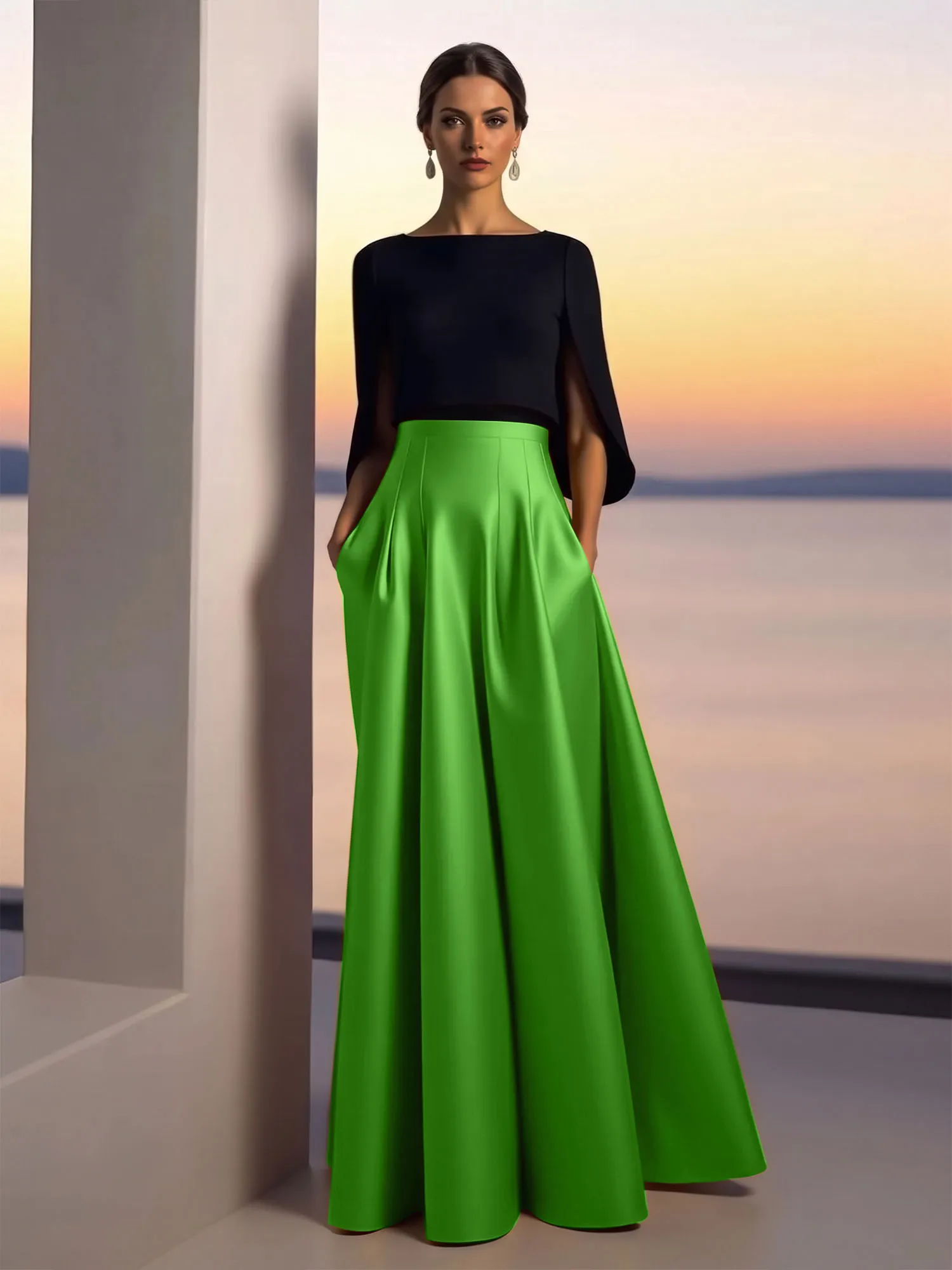 Two-Piece Cape Sleeve Satin Ball Gown Evening Dress