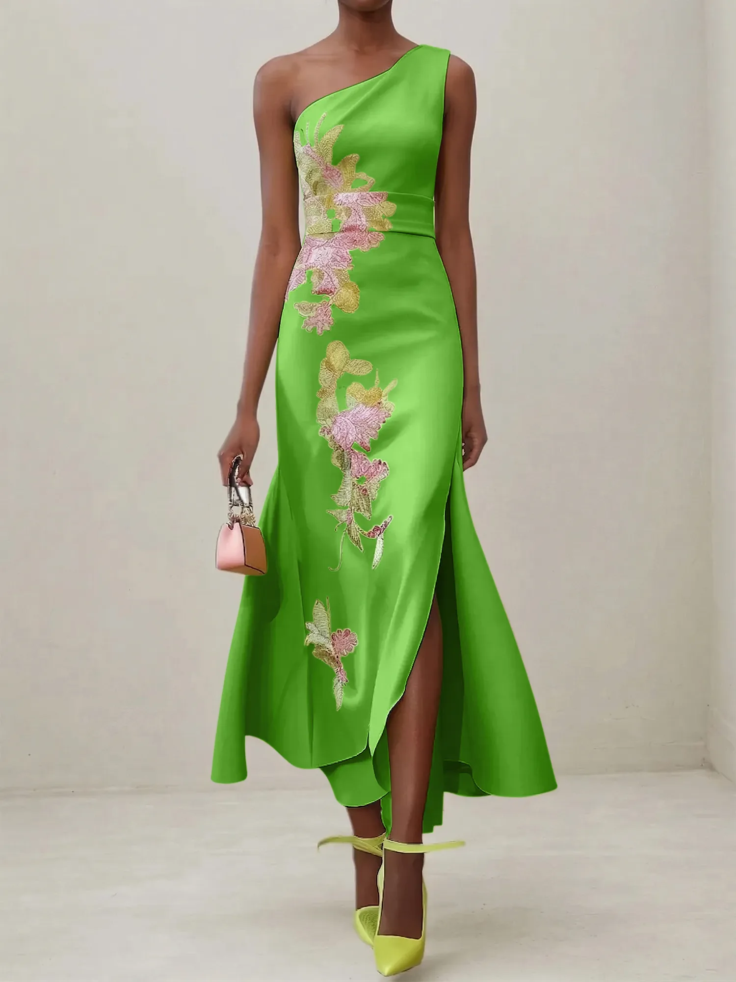Elegant One Shoulder Cap Sleeve Satin Midi Gown with Floral Embroidery & High Slit
