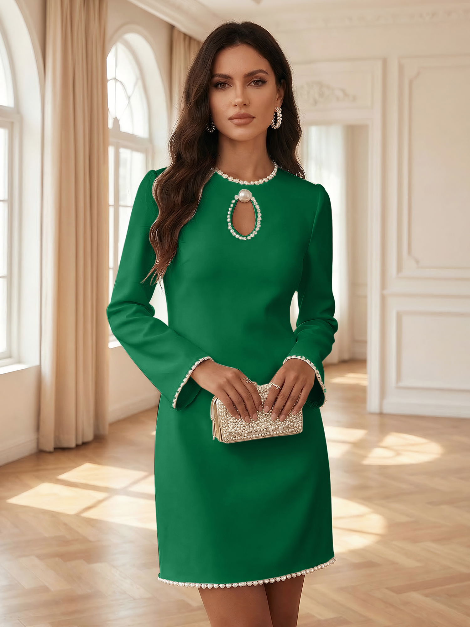 White Pearl Hollow Out Classic Crew Neck Long Sleeve Shift Mini Dress Gown