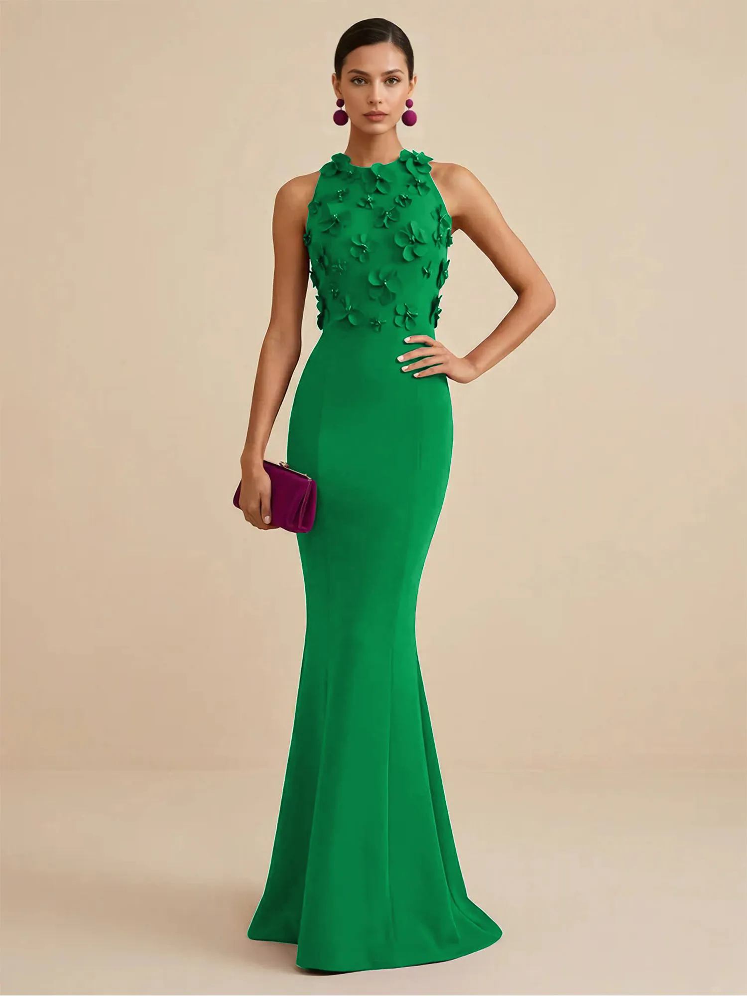 Scoop Neck 3D Floral Appliqué Crepe Mermaid Evening Gown