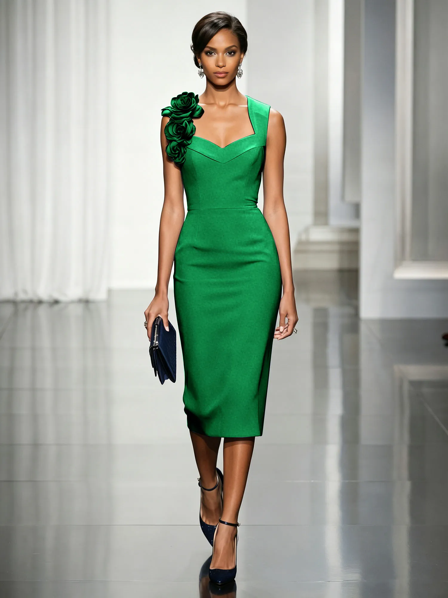 Asymmetric Neckline Crepe Midi Dress with 3D Floral Appliqué