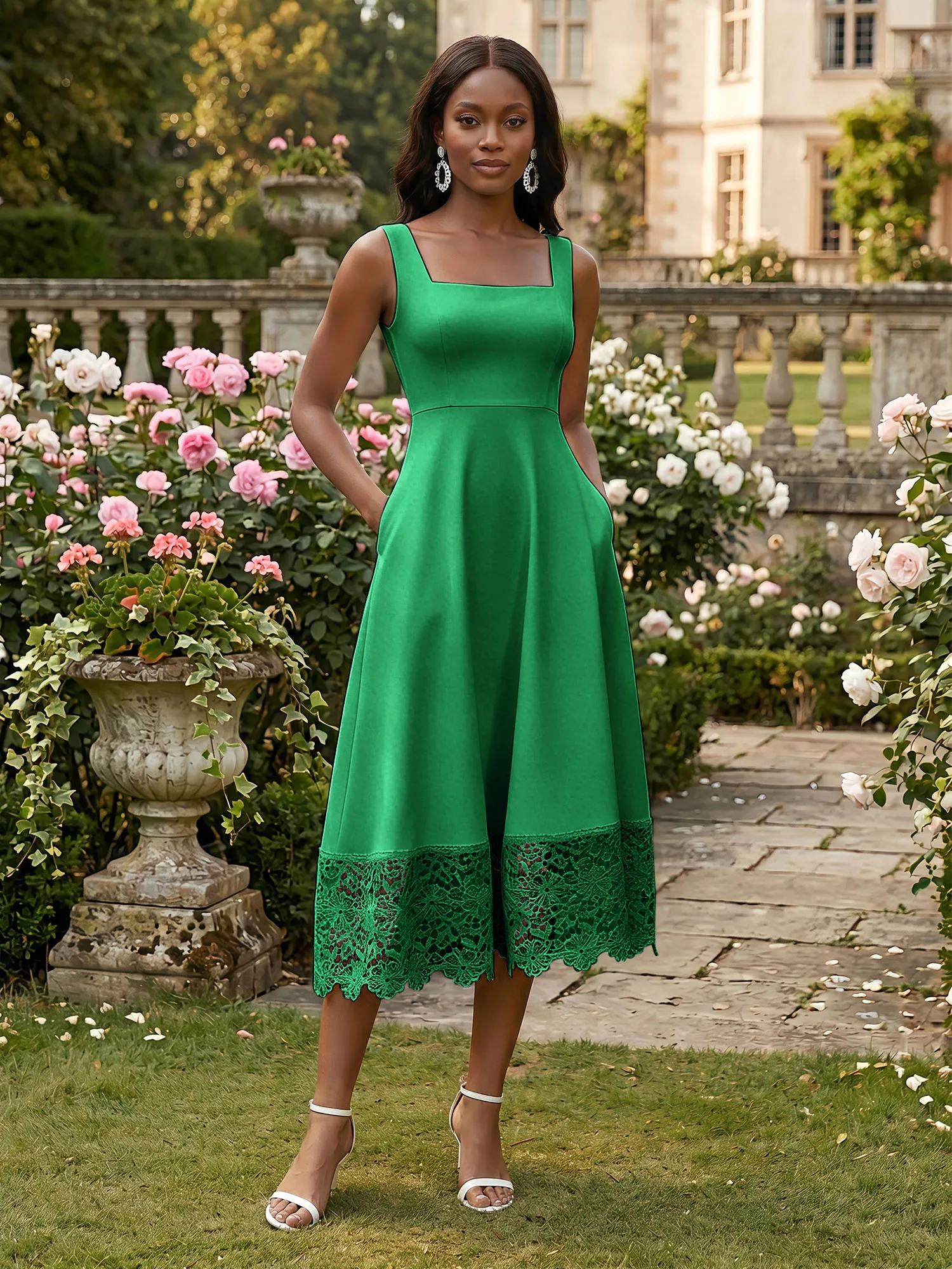 Square Neck Crepe Midi Evening Dress with Lace Hem