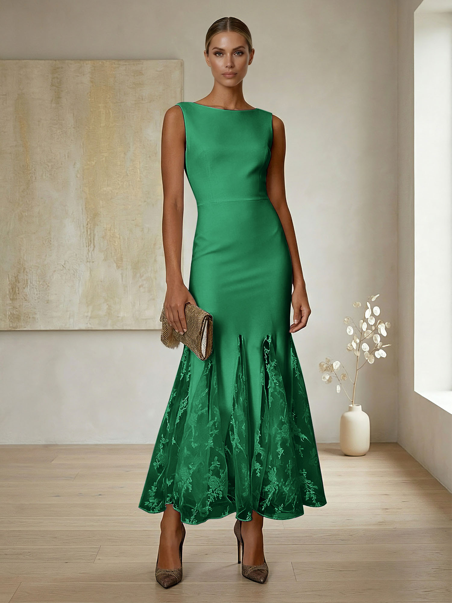 Elegant Formal Evening Gown Lilac Sleeveless Midi Dress with Embroidered Lace Godets