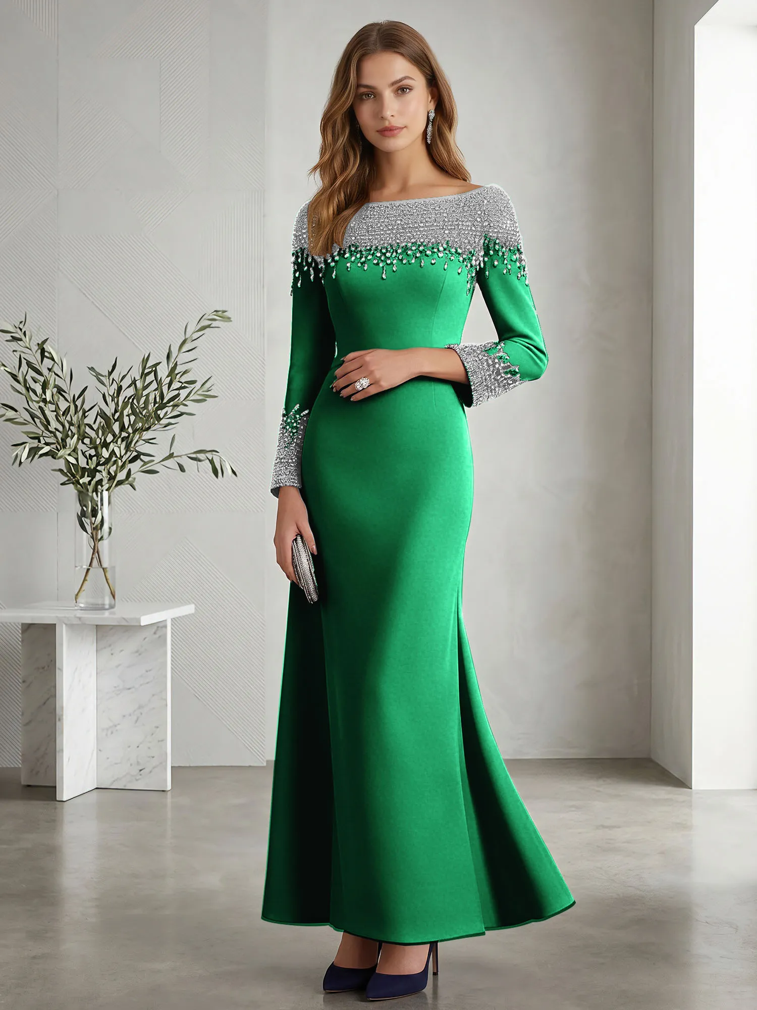 Beaded Off-the-Shoulder Long Sleeve Mermaid Evening Gown