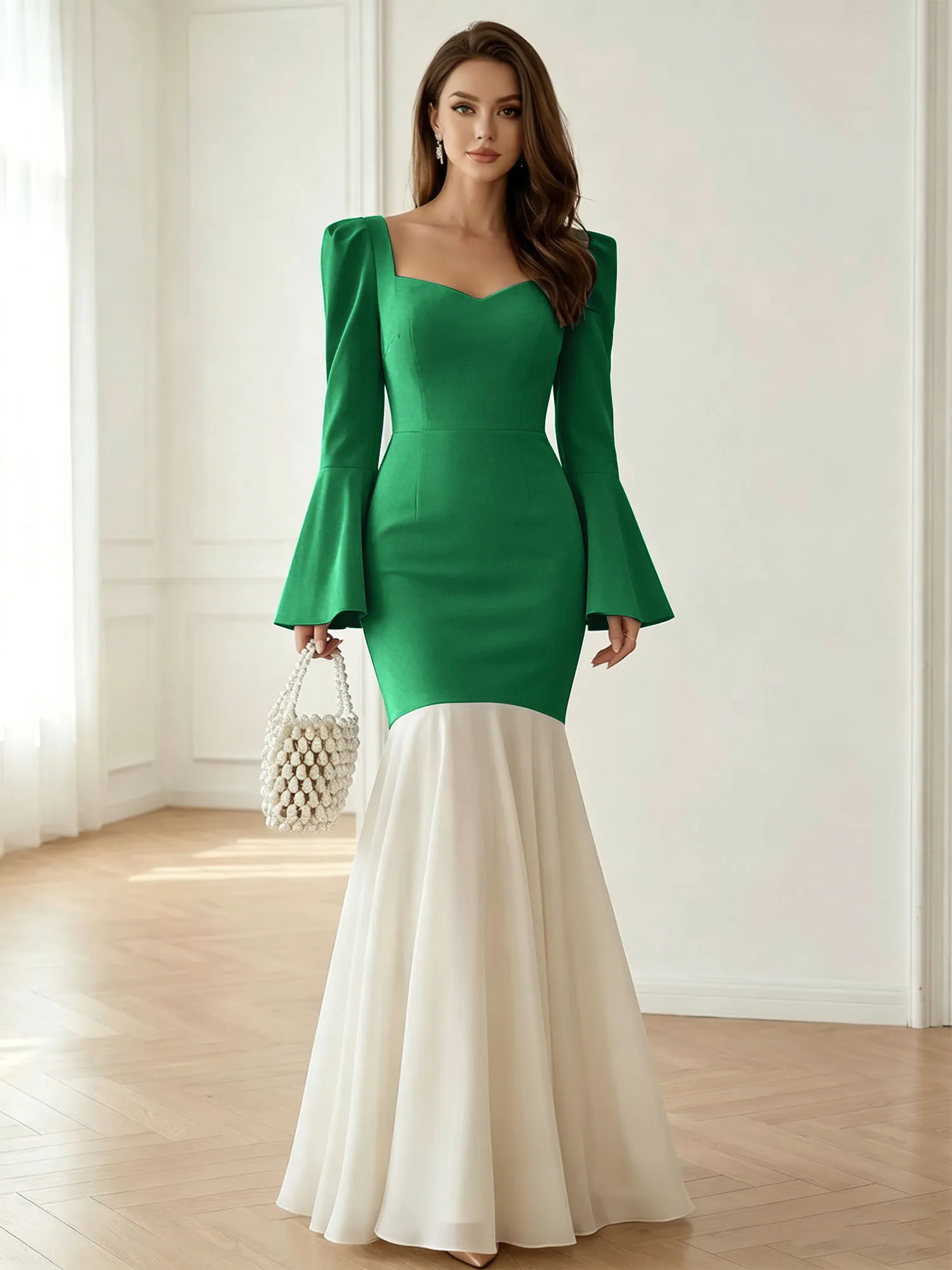 Sweetheart Neck Bell Sleeve Two-Tone Mermaid Evening Gown