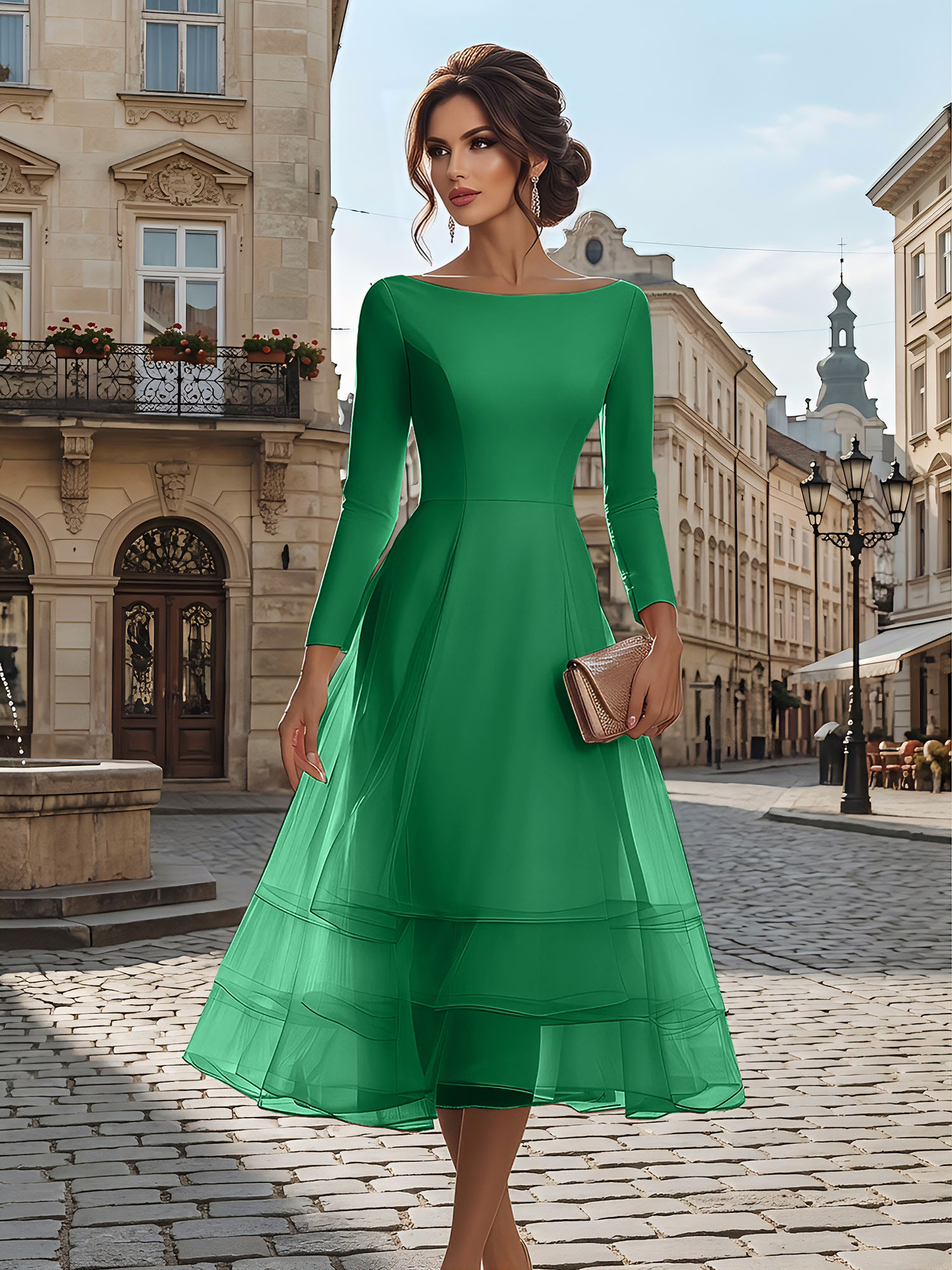 Timeless Evening Foraml Gown Blush Pink Long-Sleeve Layered Organza Midi Dress