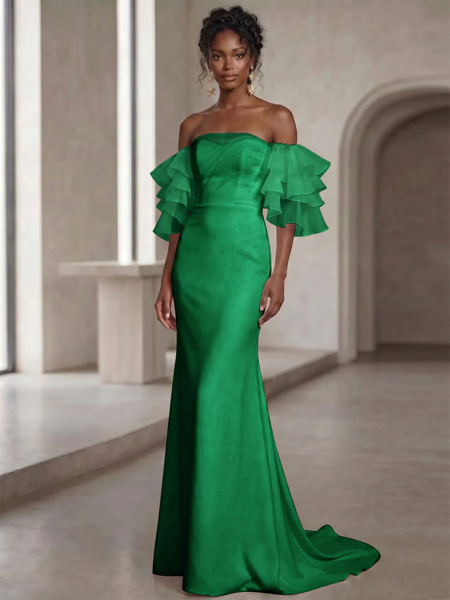 Off-the-Shoulder Tiered Organza Sleeve Mermaid Evening Gown