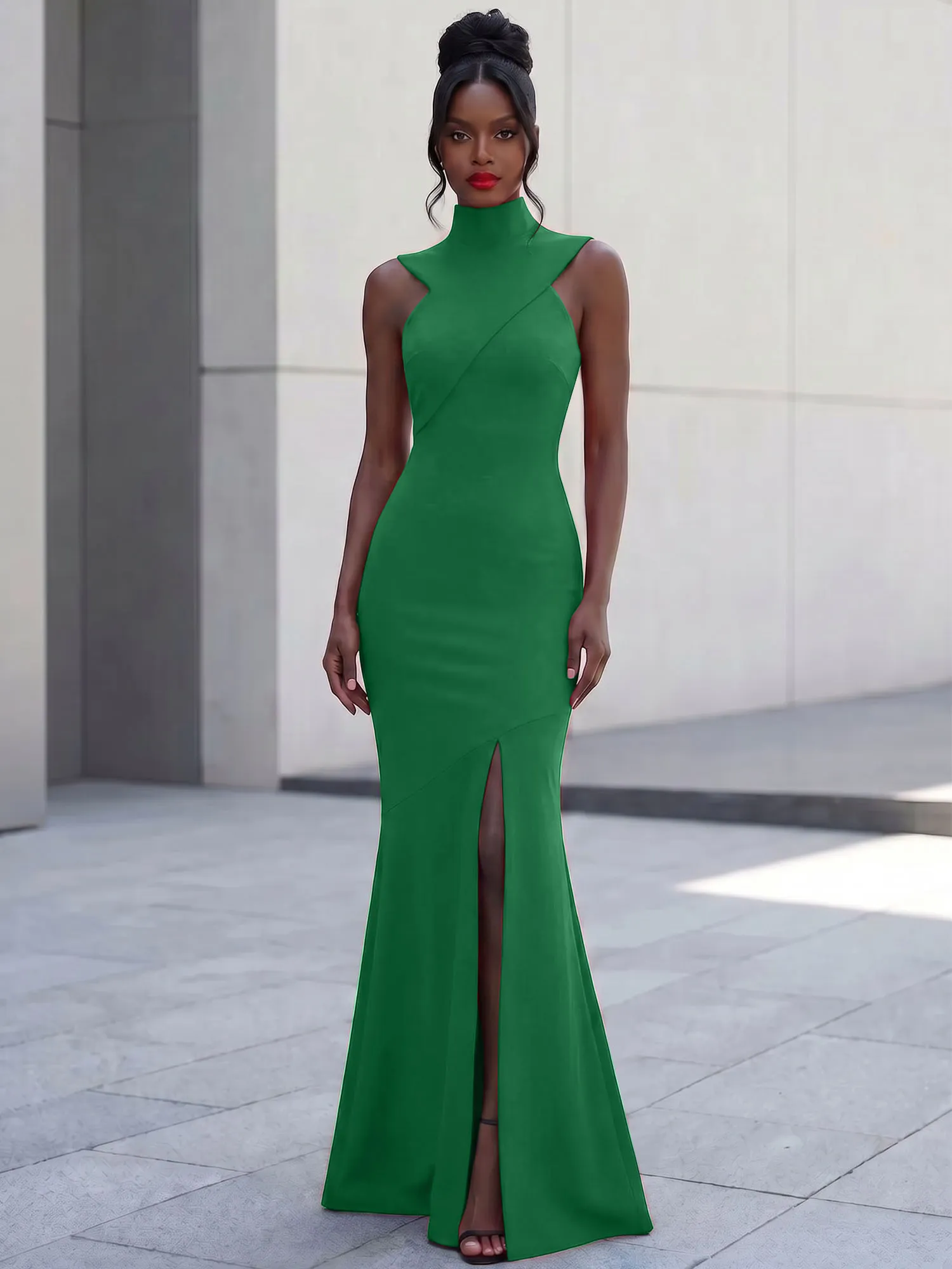 High Neck Asymmetric Cutout Mermaid Evening Gown