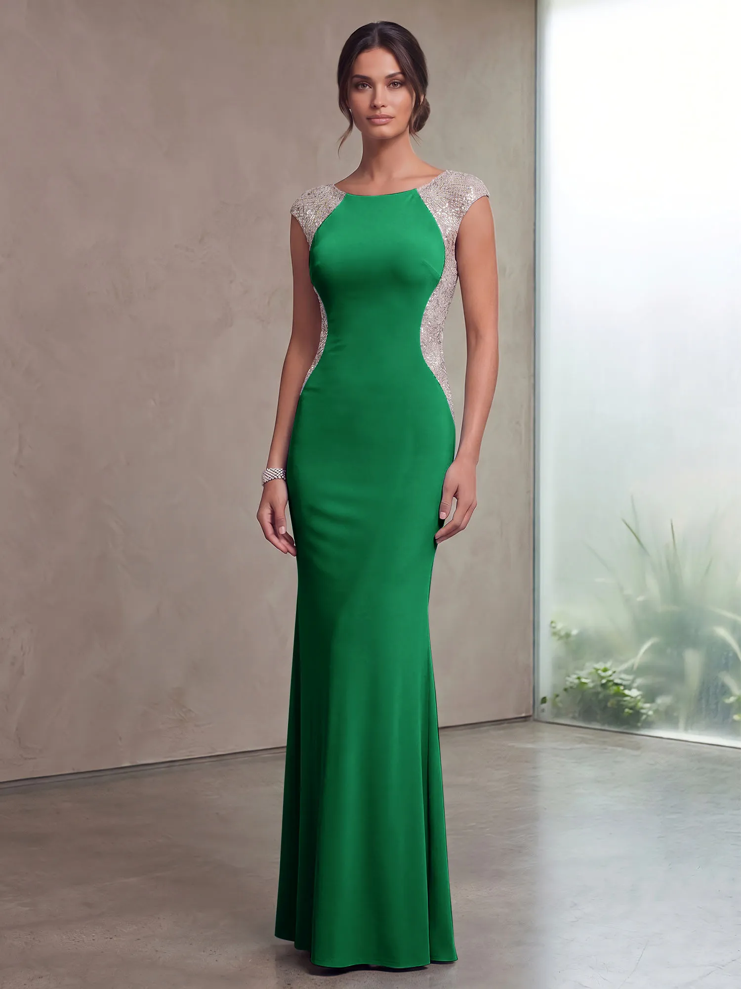 Bateau Neck Sequins Cap Sleeve Mermaid Evening Gown