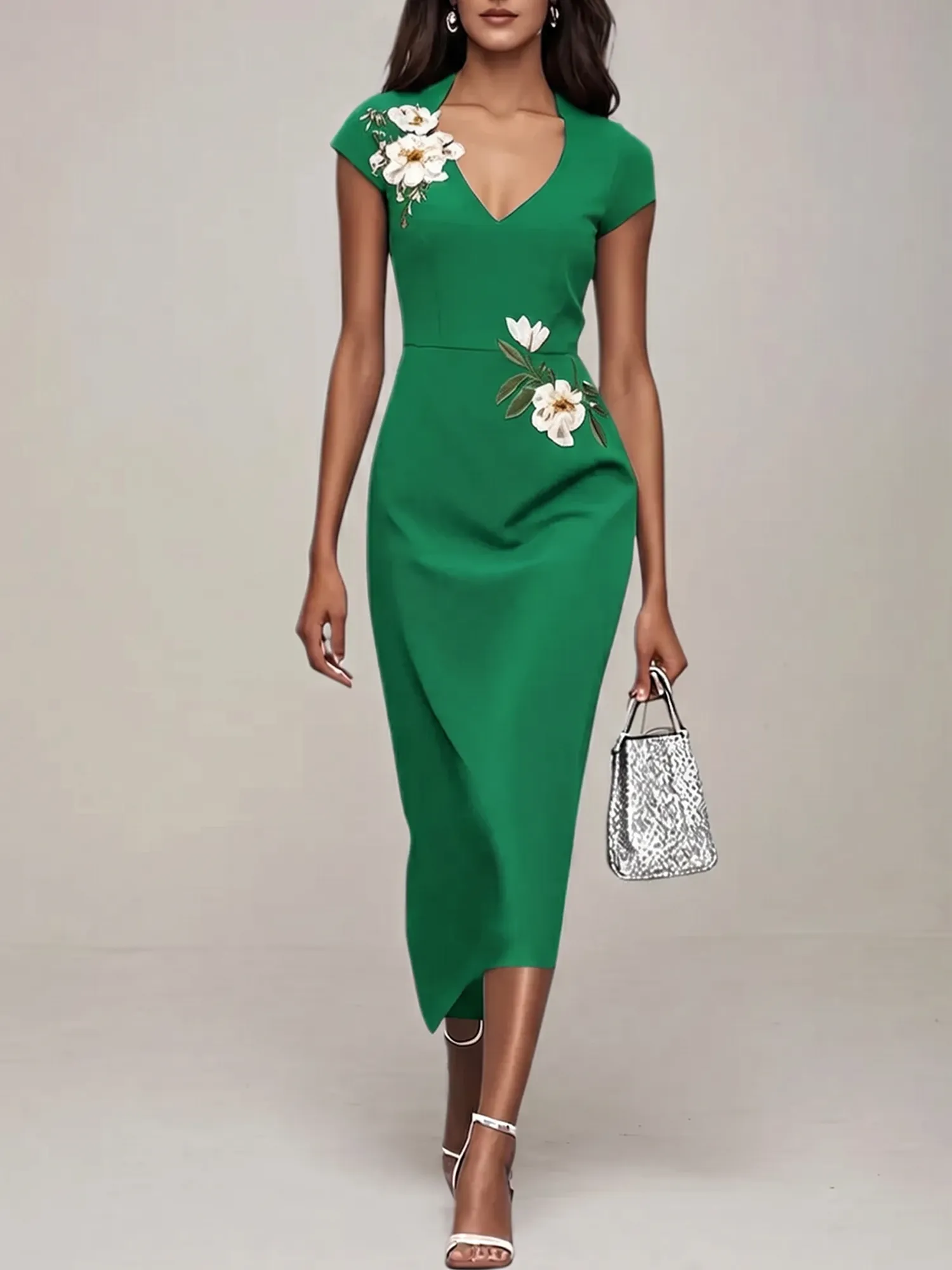 V-Neck Cap Sleeve Floral Embroidered Sheath Evening Dress