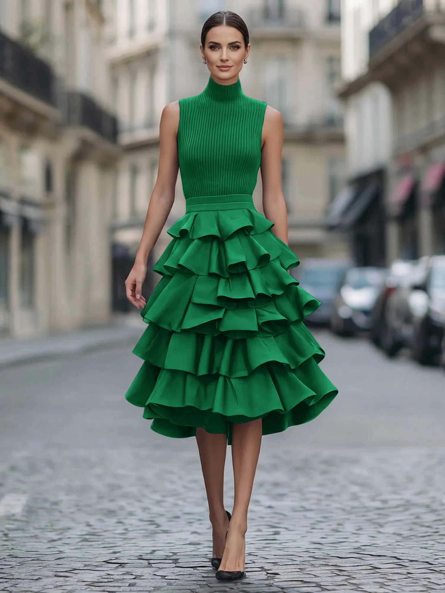 A Line High-Neck Pleated Tiered Evening Dress Maxi Dress