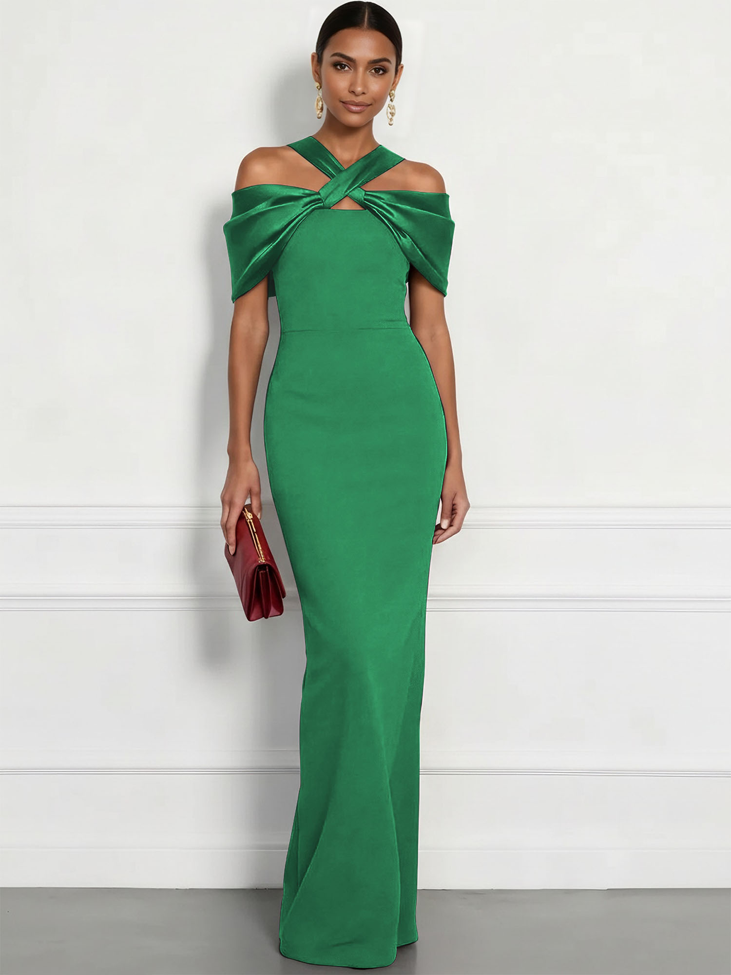  Regal Plum Crepe Column Gown with Satin Criss-Cross Halter Maxi Dress