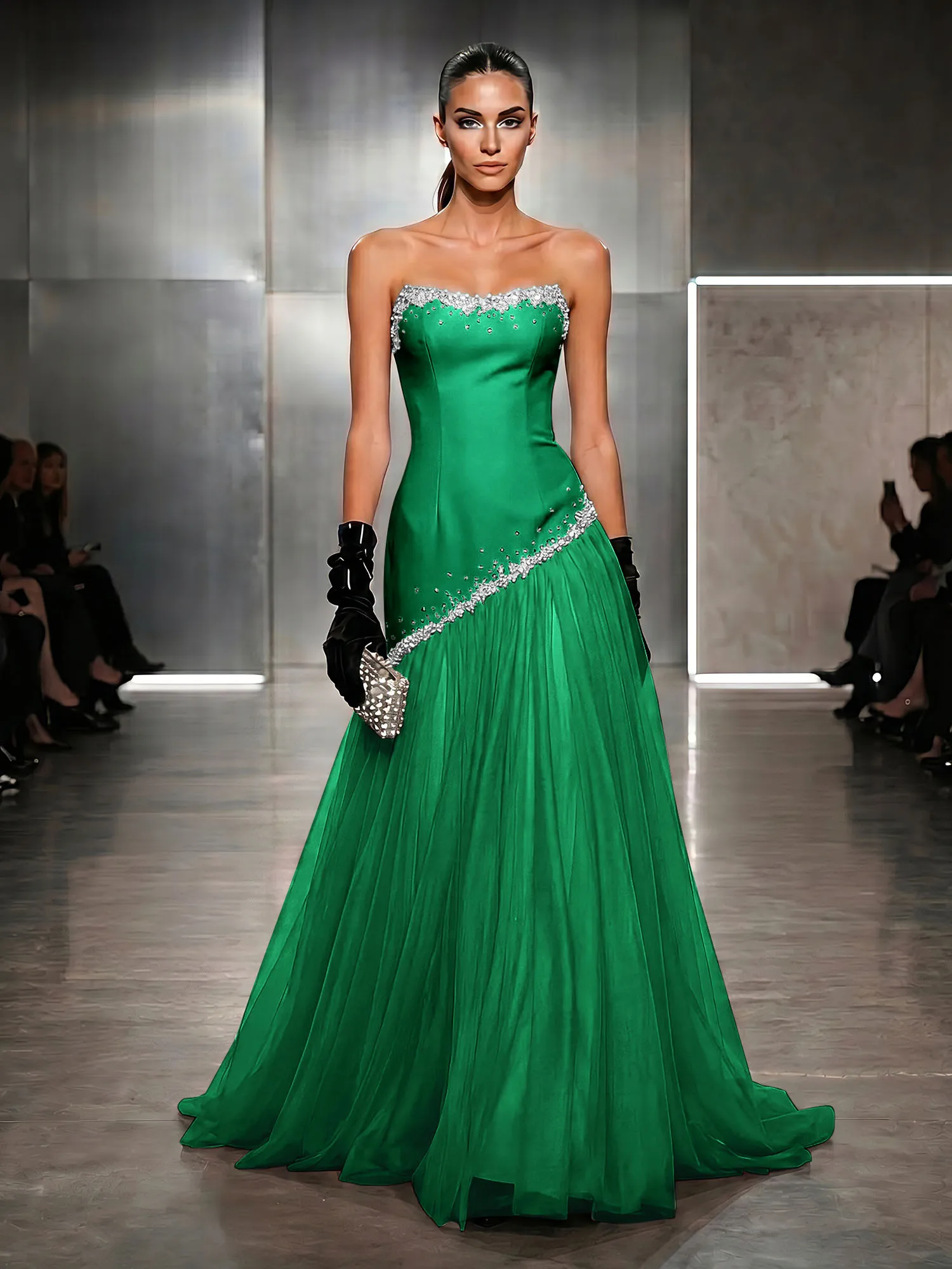 Strapless Tulle Beaded Corset Evening Gown Maxi Dress