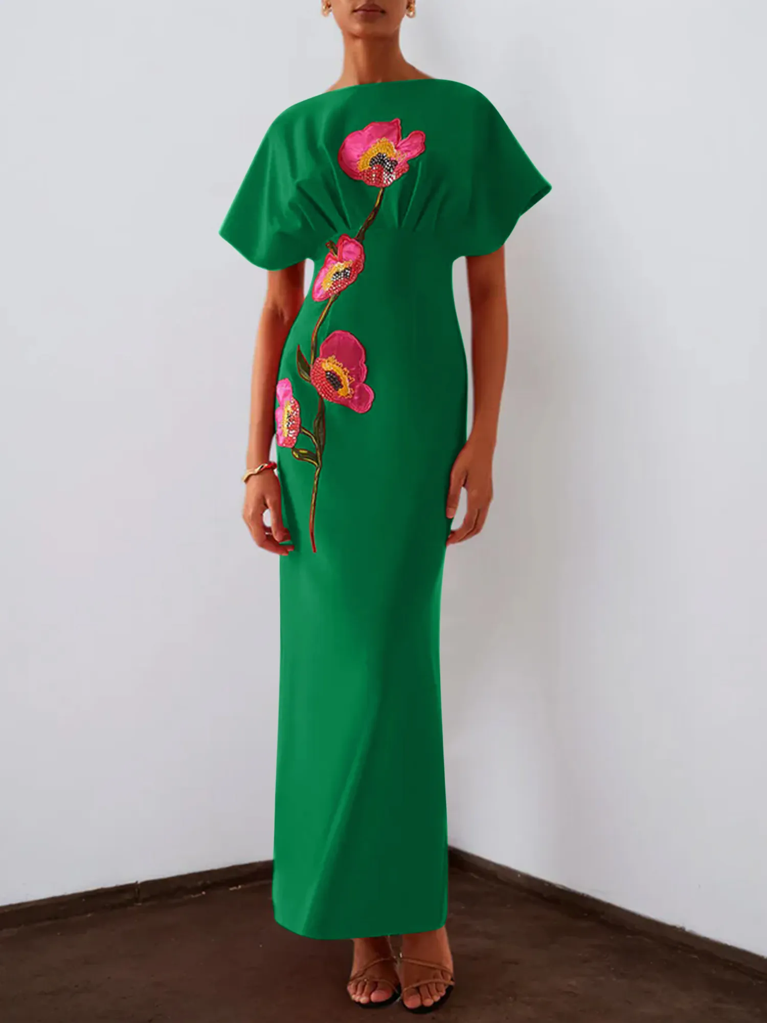 Floral Embroidered Boat Neck Batwing Sleeve Column Evening Gown