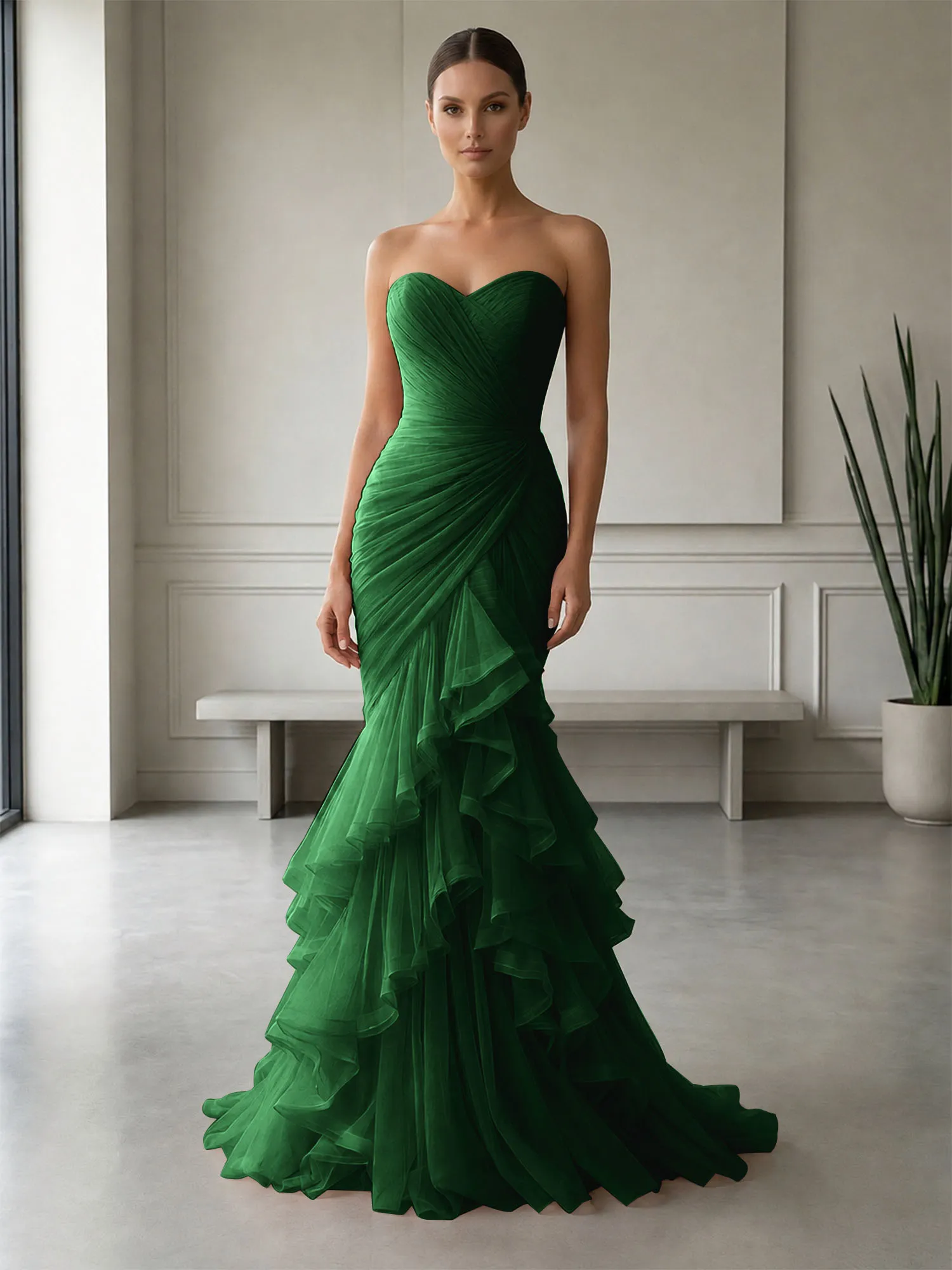 Strapless Ruched Tulle Mermaid Evening Gown Maxi Dress