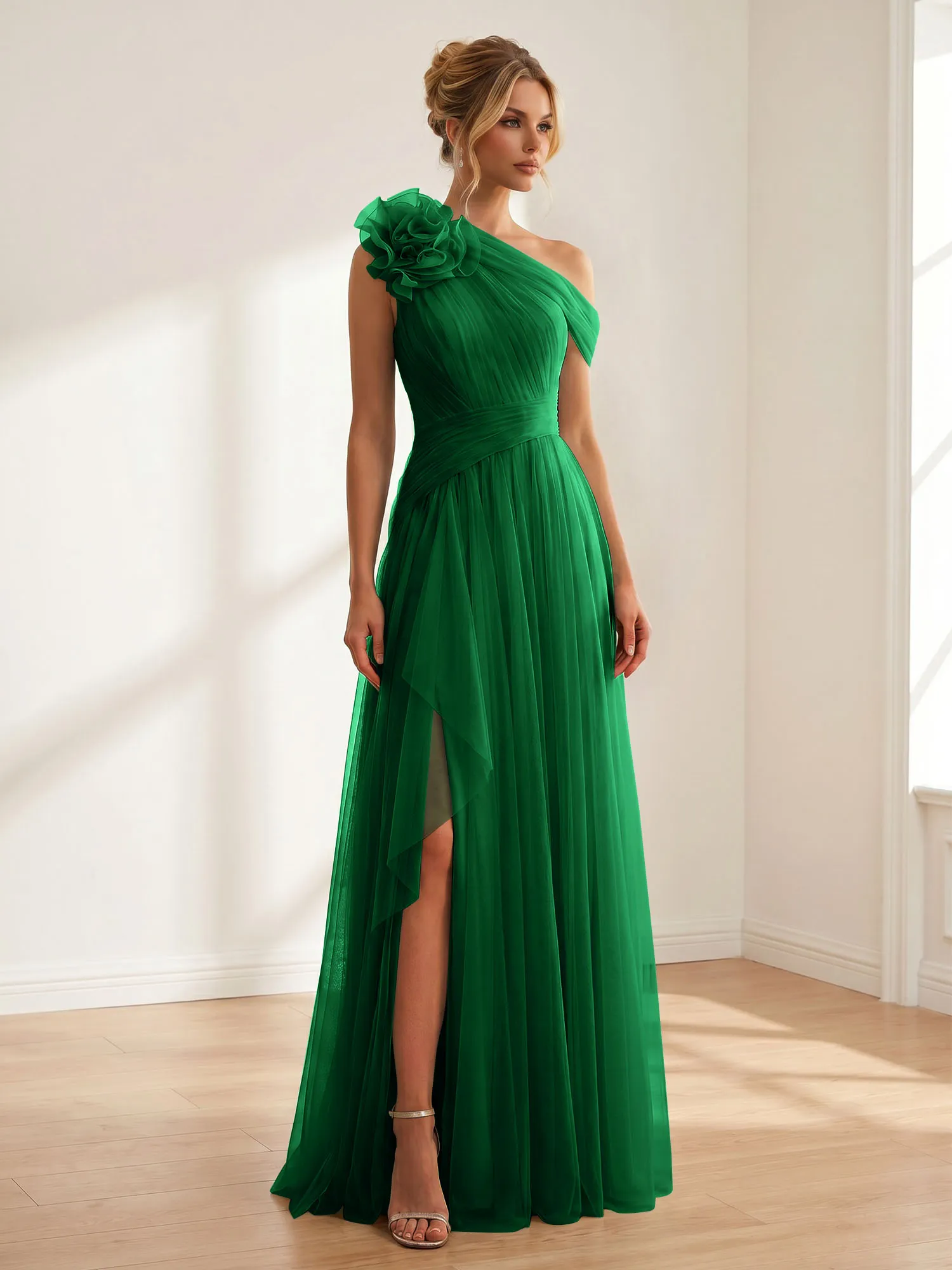 One-Shoulder Tulle Evening Gown with Floral Accent