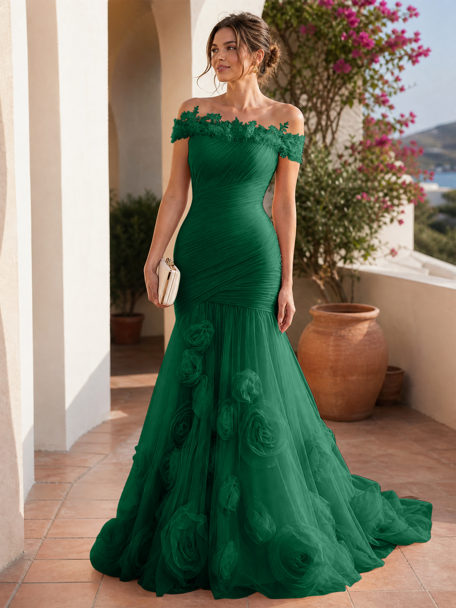 Romantic Blushing Rose Off-the-Shoulder Mermaid Formal Evening Dress 