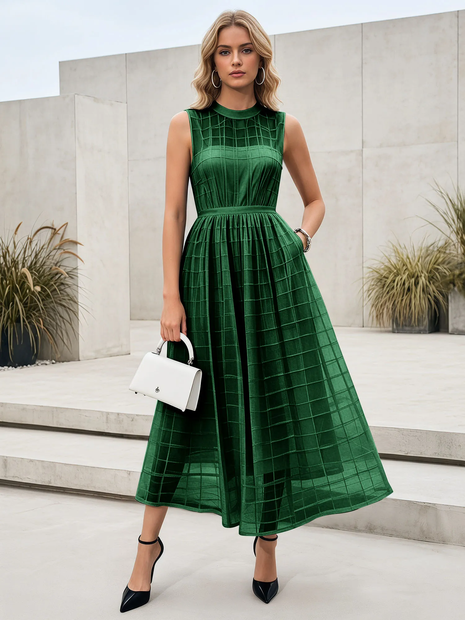 Sleeveless Grid Mesh A-Line Midi Evening Dress