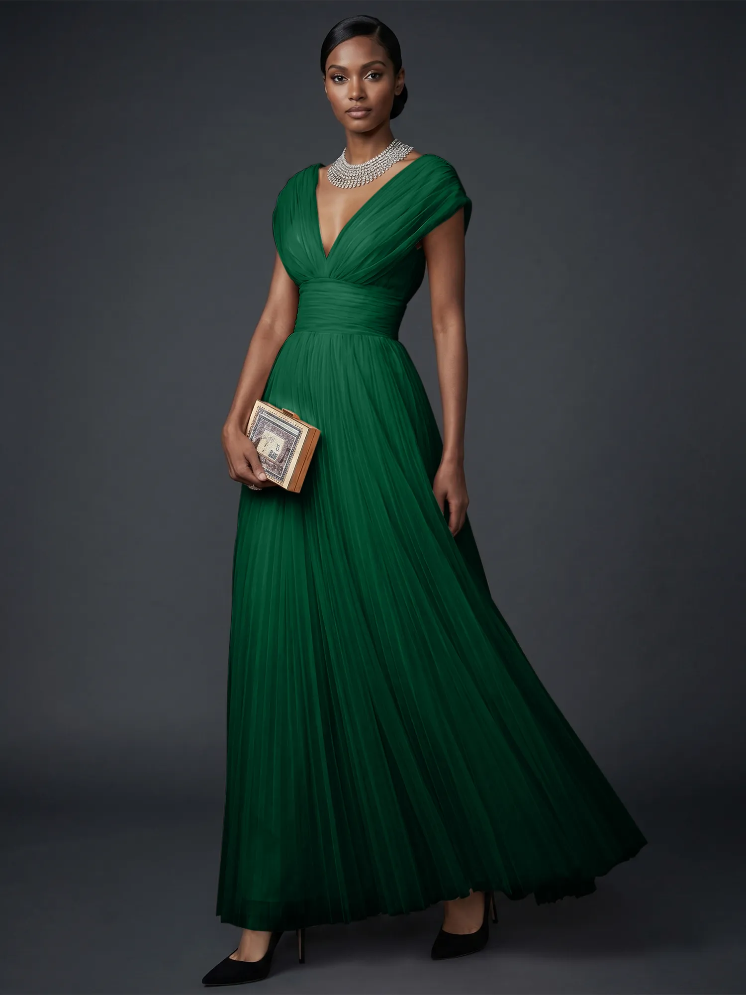 Draped V-Neck Pleated Tulle Evening Gown Maxi Dress