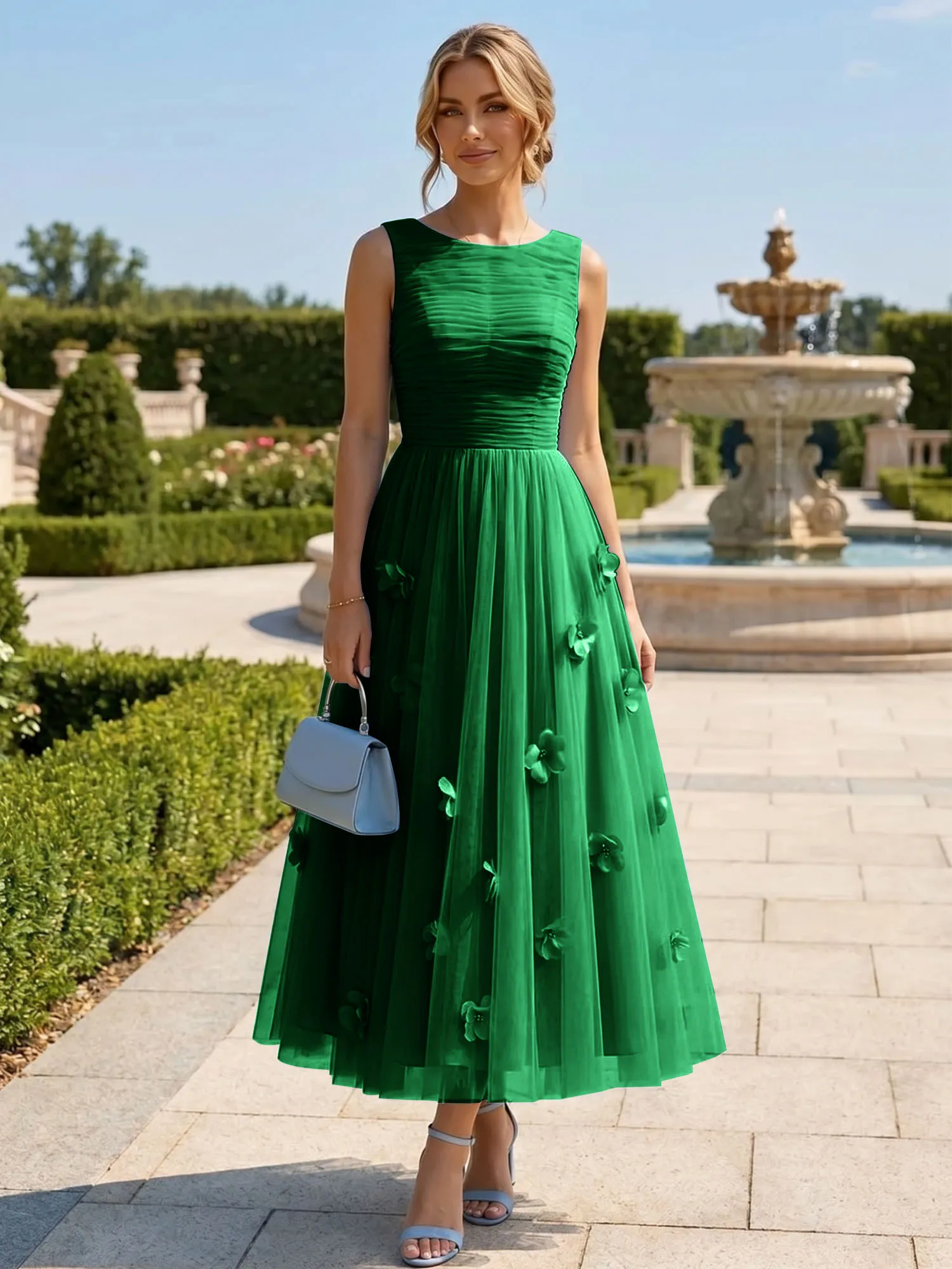 A Line Sleeveless Tulle Midi Dress with 3D Floral Appliqués