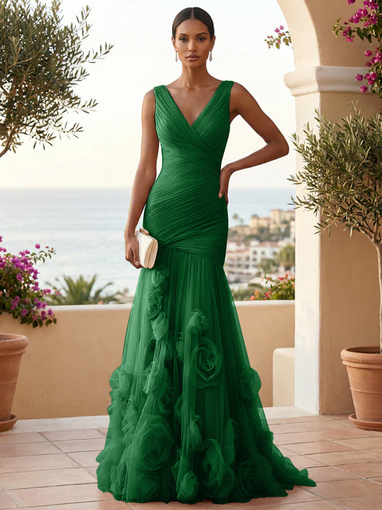 Sweetheart Tulle V Neck Pleat Mermaid Evening Dresses with 3D Flower