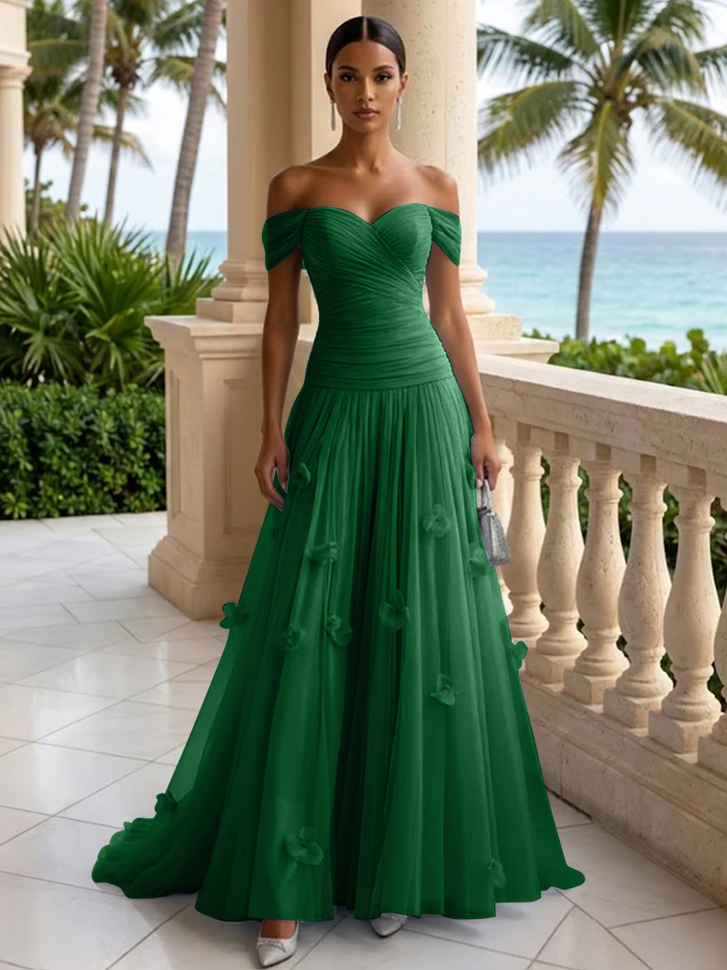 Elegant Off-the-Shoulder Ruched Tulle A-Line Evening Gown with 3D Floral Appliqués