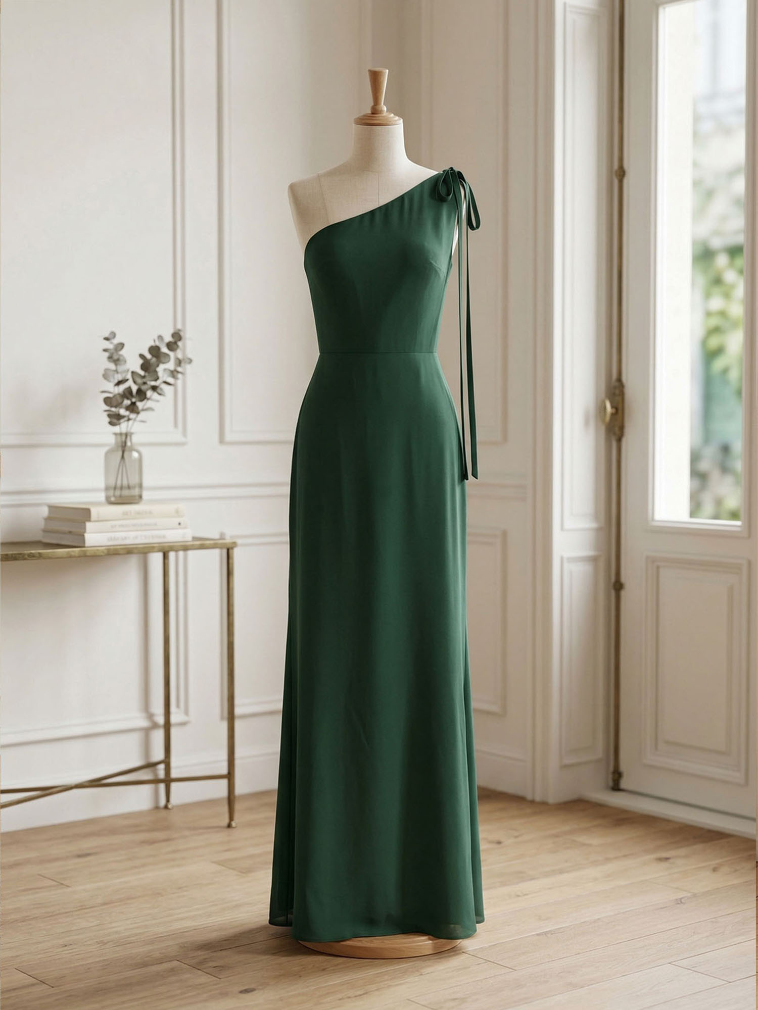 Elegant Formal Evening Gown Green One-Shoulder Tie-Strap Maxi Dress