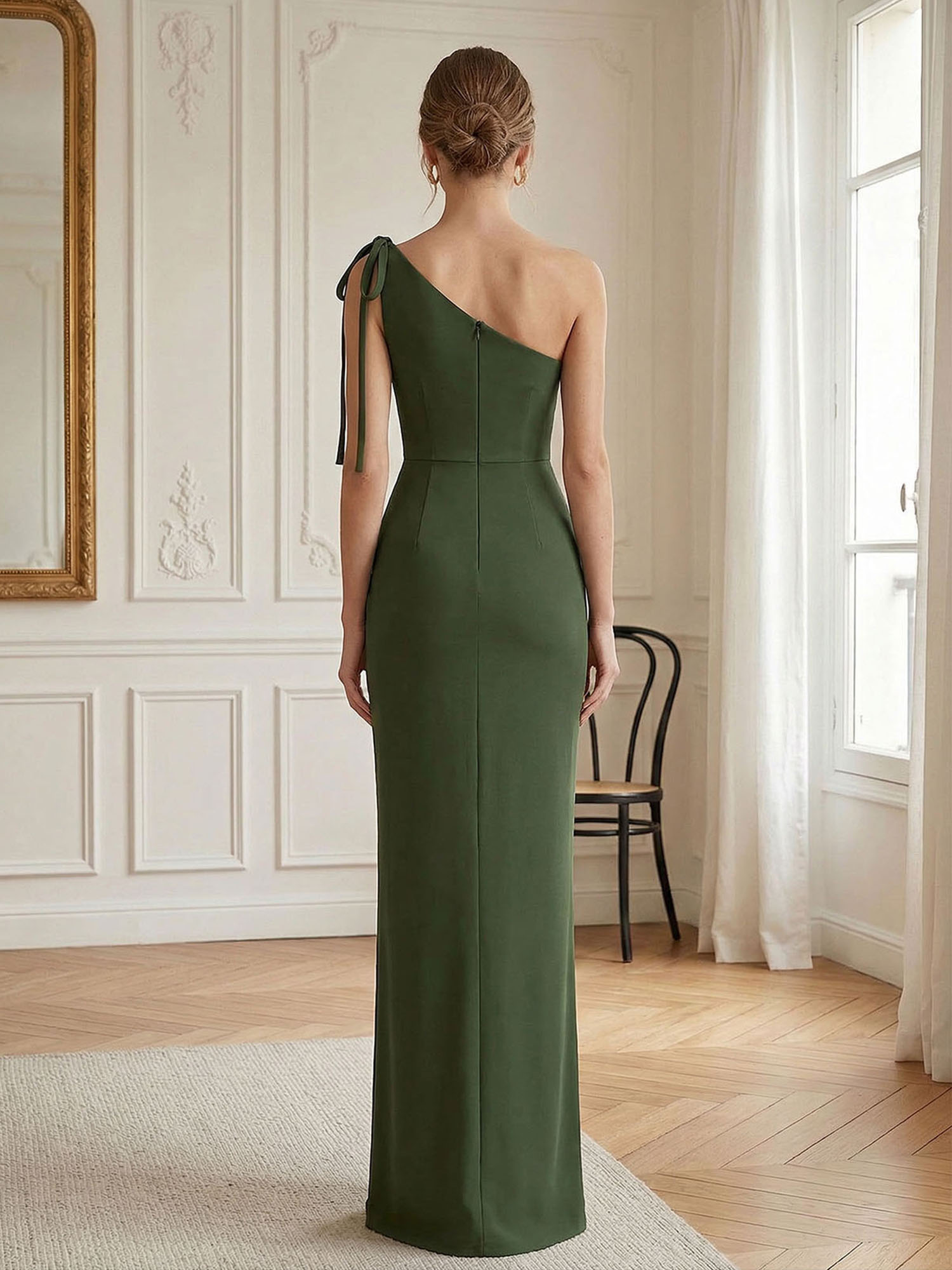 Elegant Formal Evening Gown Green One-Shoulder Tie-Strap Maxi Dress