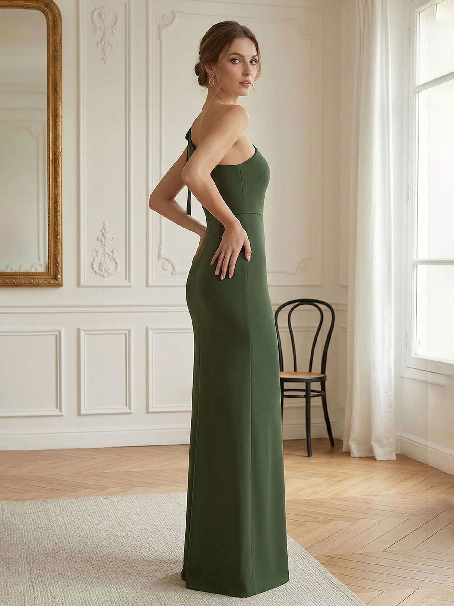 Elegant Formal Evening Gown Green One-Shoulder Tie-Strap Maxi Dress