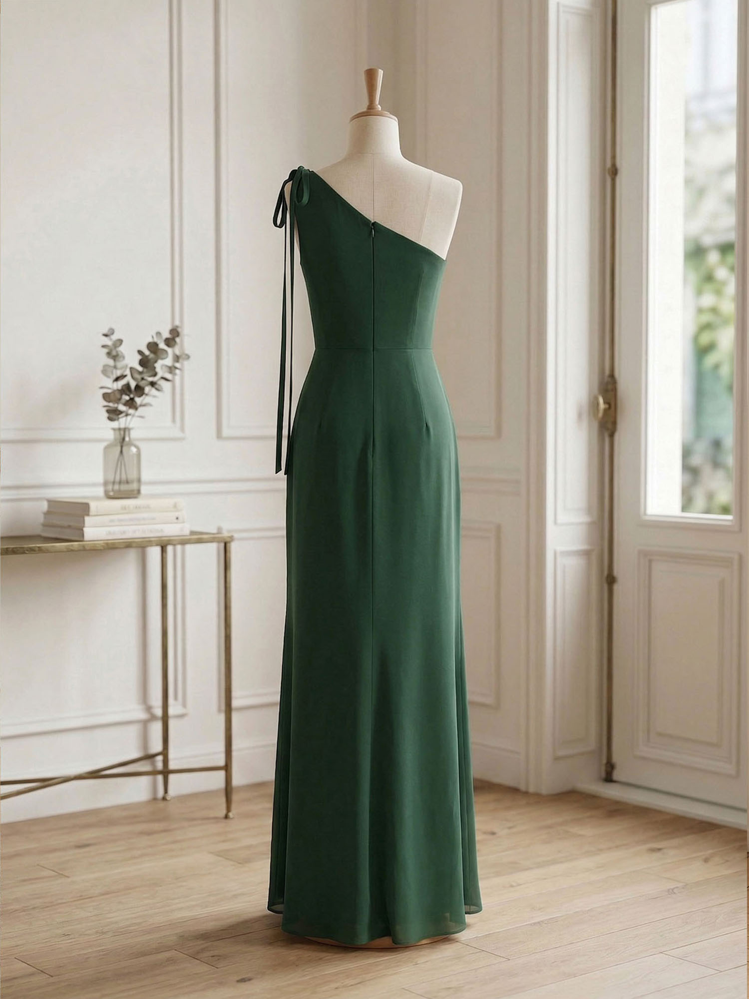 Elegant Formal Evening Gown Green One-Shoulder Tie-Strap Maxi Dress