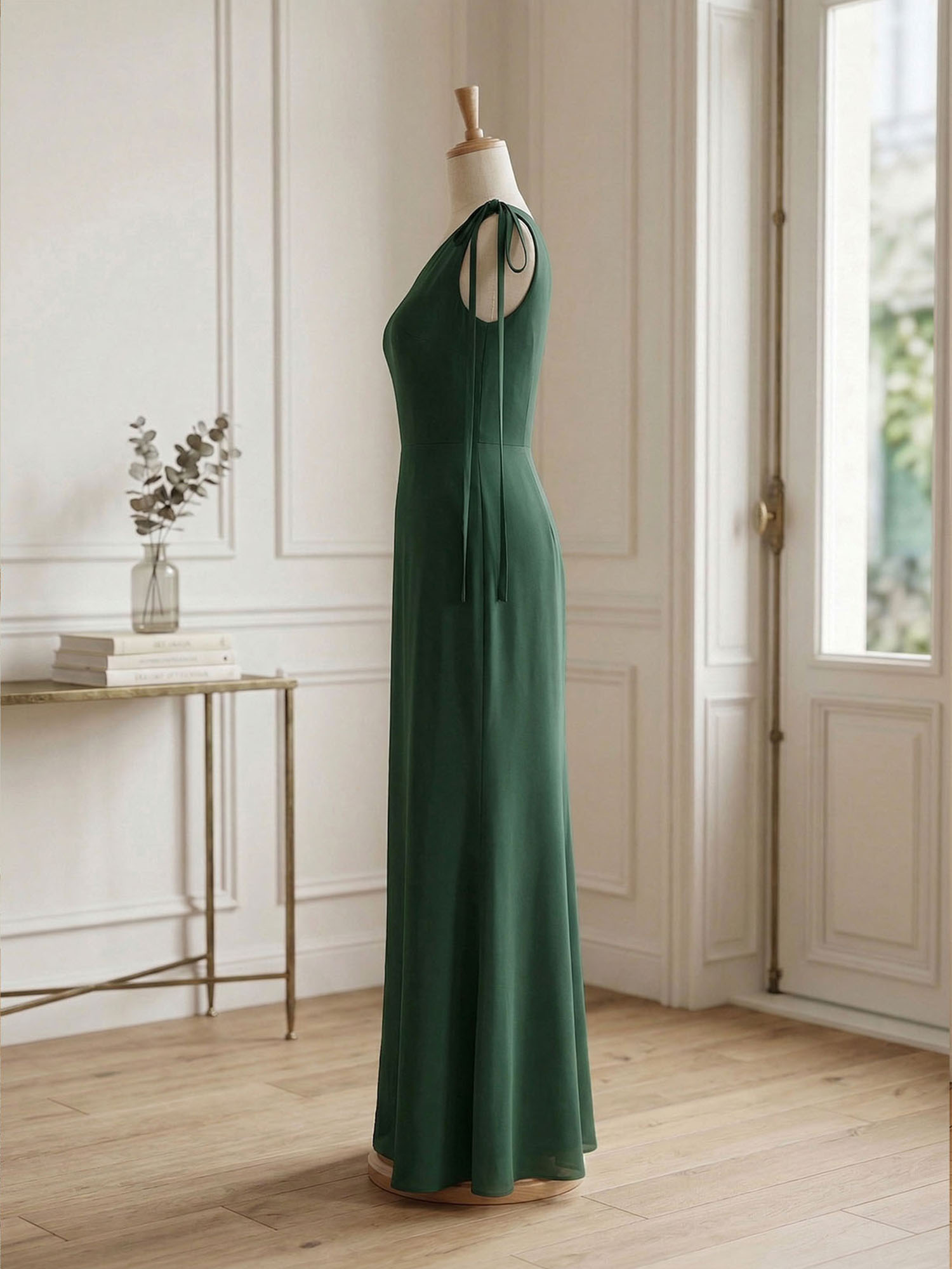 Elegant Formal Evening Gown Green One-Shoulder Tie-Strap Maxi Dress