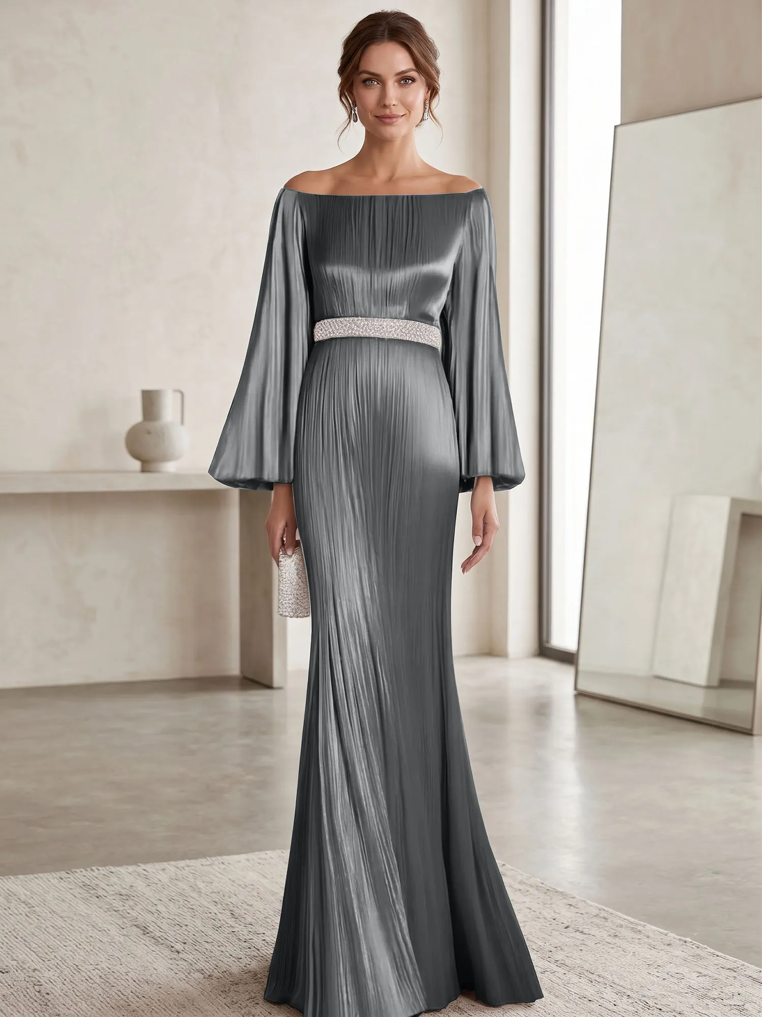 Off-the-Shoulder Pleated Satin Evening Gown with Beaded Waistband