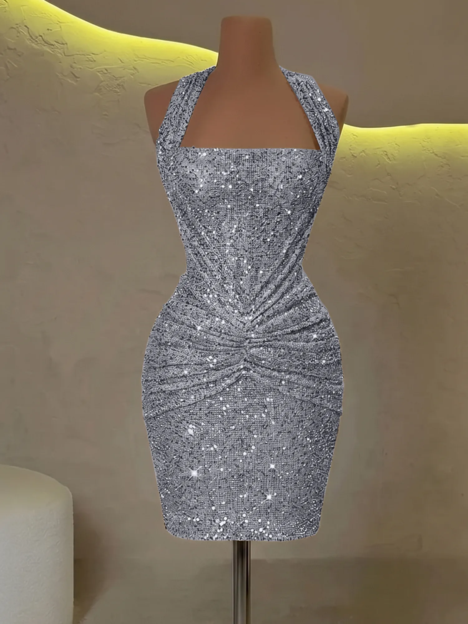 Halter Sequin Corset Ruched Homecoming Dress