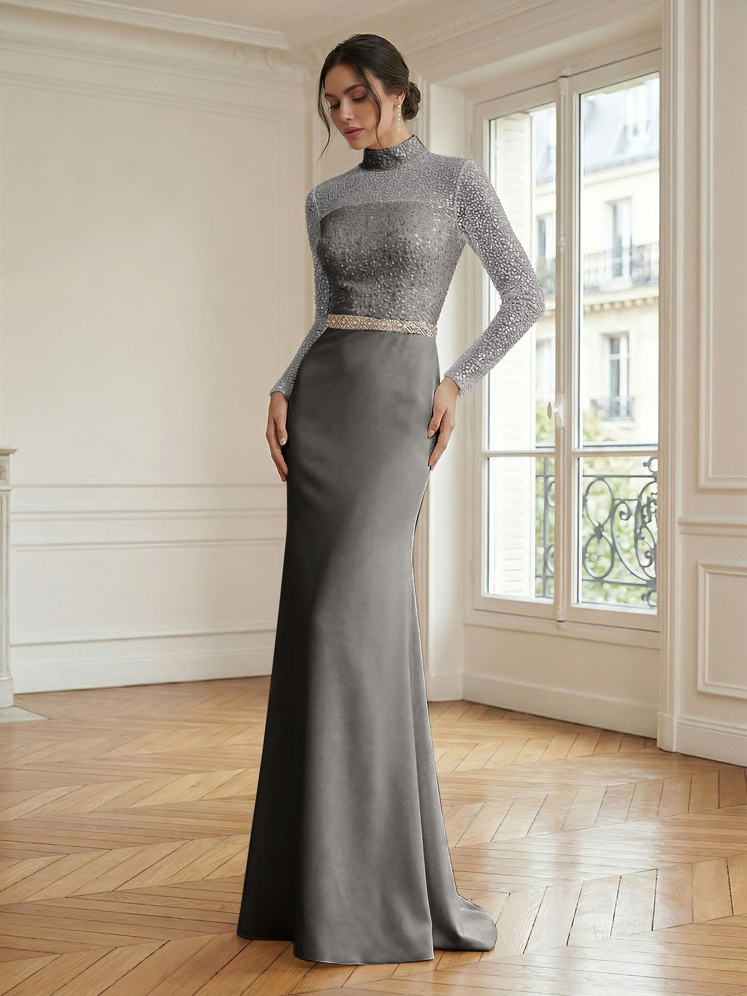 Formal Dress White Sheath Illusion Neck Beaded Chiffon Maxi Dress