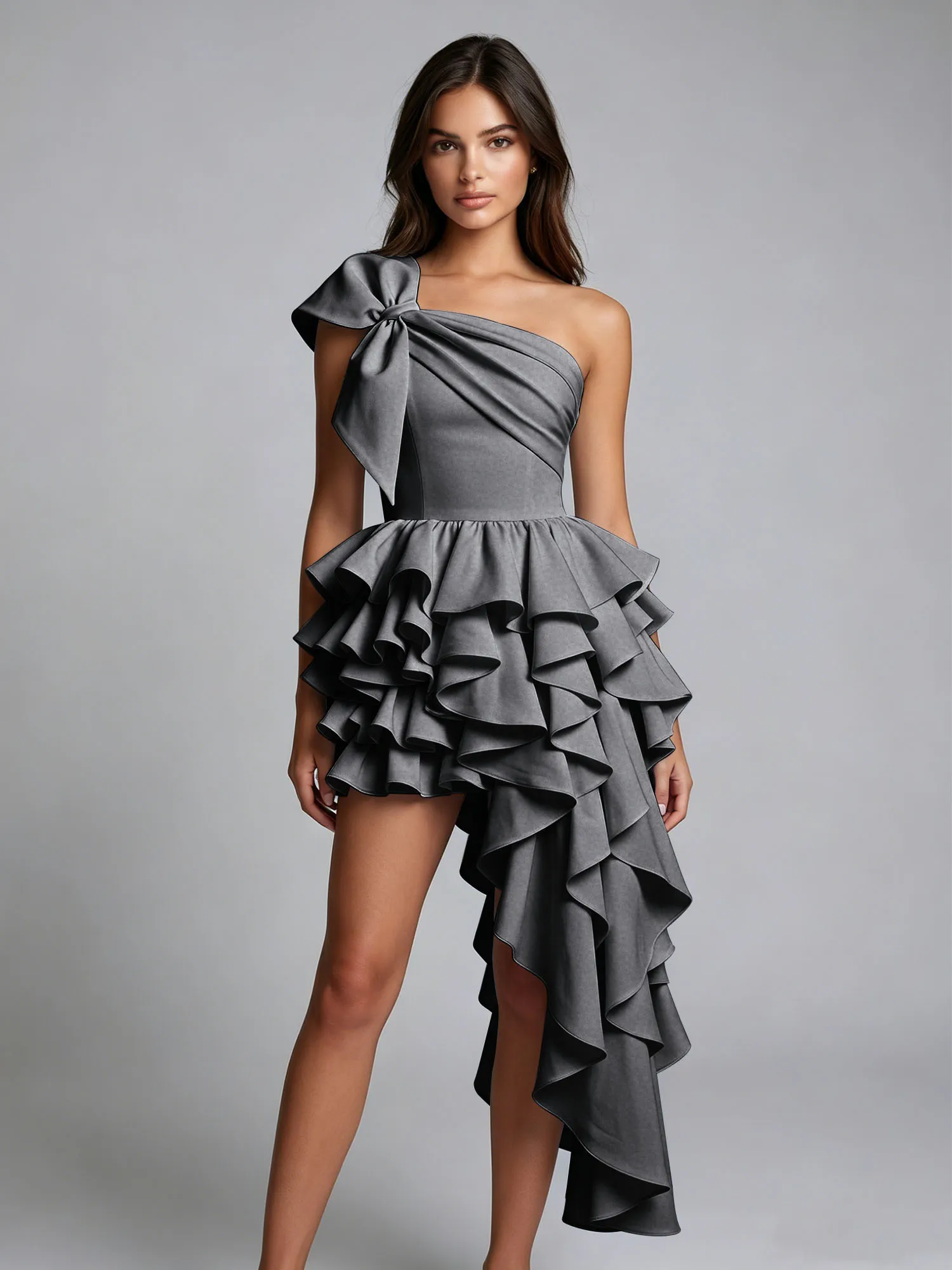 One-Shoulder Bow Tiered Ruffle Asymmetrical Homecoming Dress