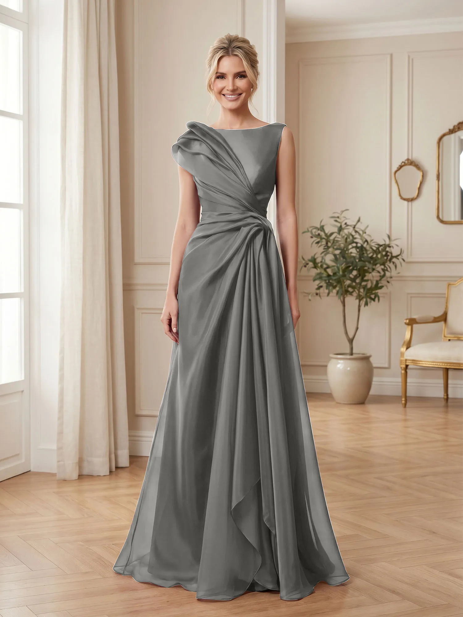 A Line Ruched Draped Tulle Evening Gown