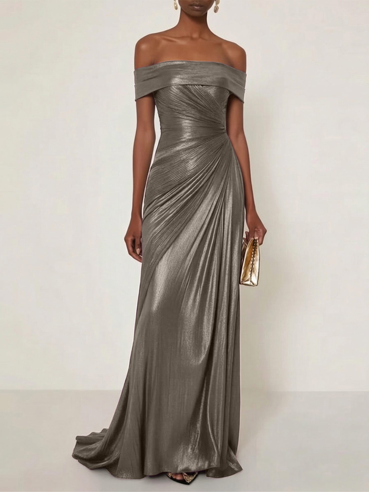 Evening Formal Dress Off the Shoulder Silver Silk Ruffles Strapless Maxi Dress