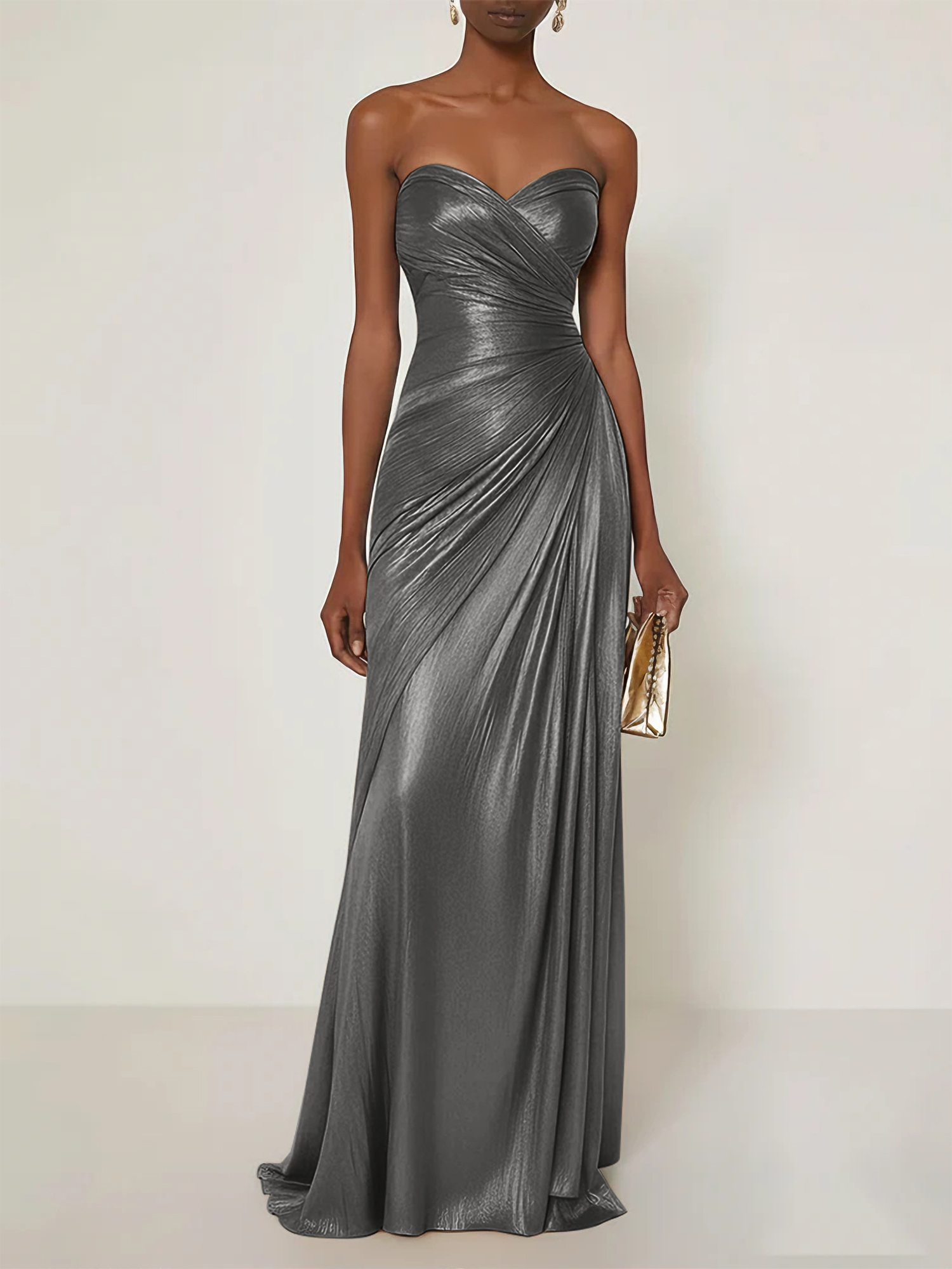 Evening Formal Dress V Neck Silk Ruffles Strapless Maxi Dress
