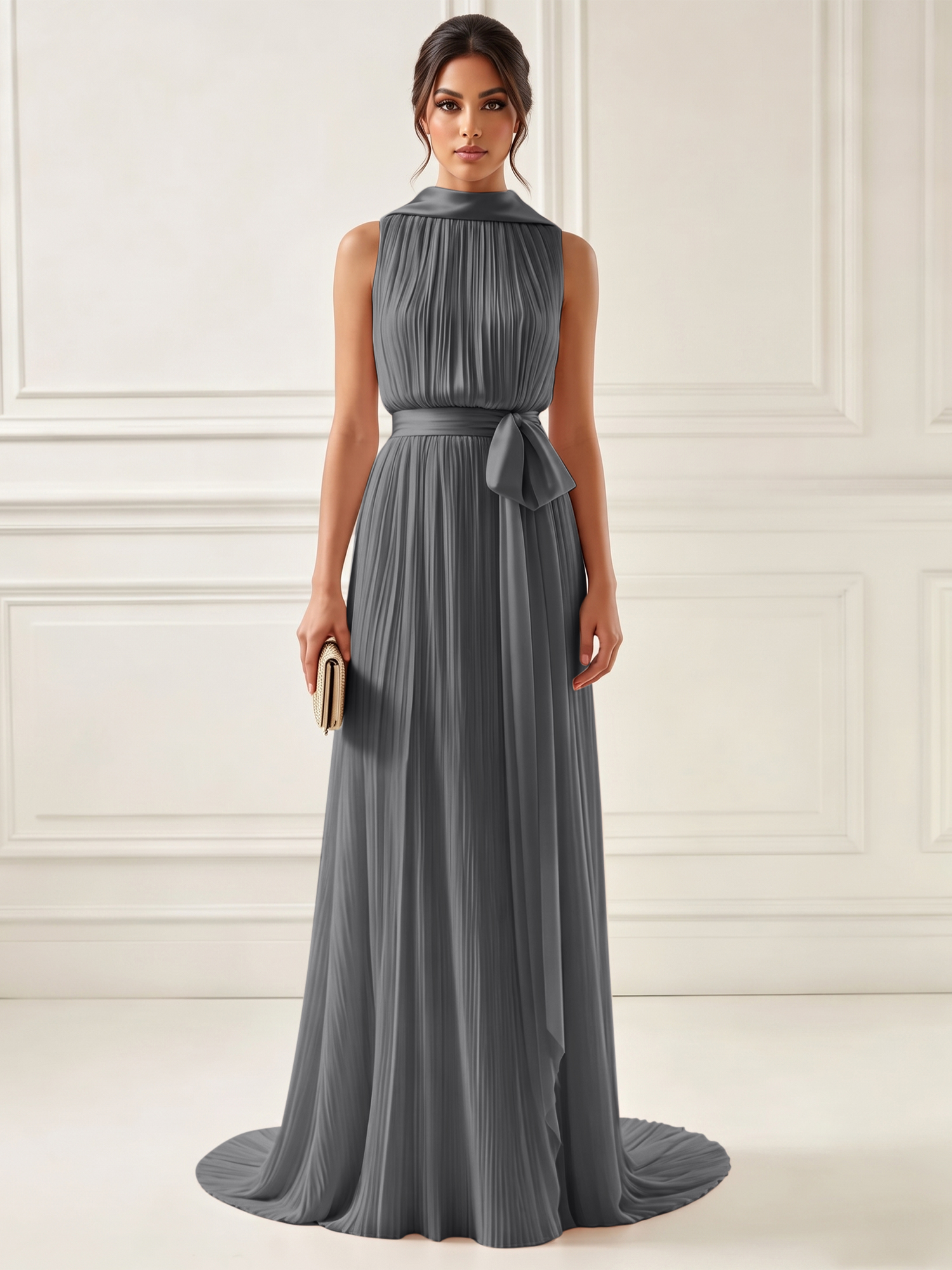 Ethereal Pleated Pastel Pink High Neck Maxi Formal Evening Dress with Satin Sash