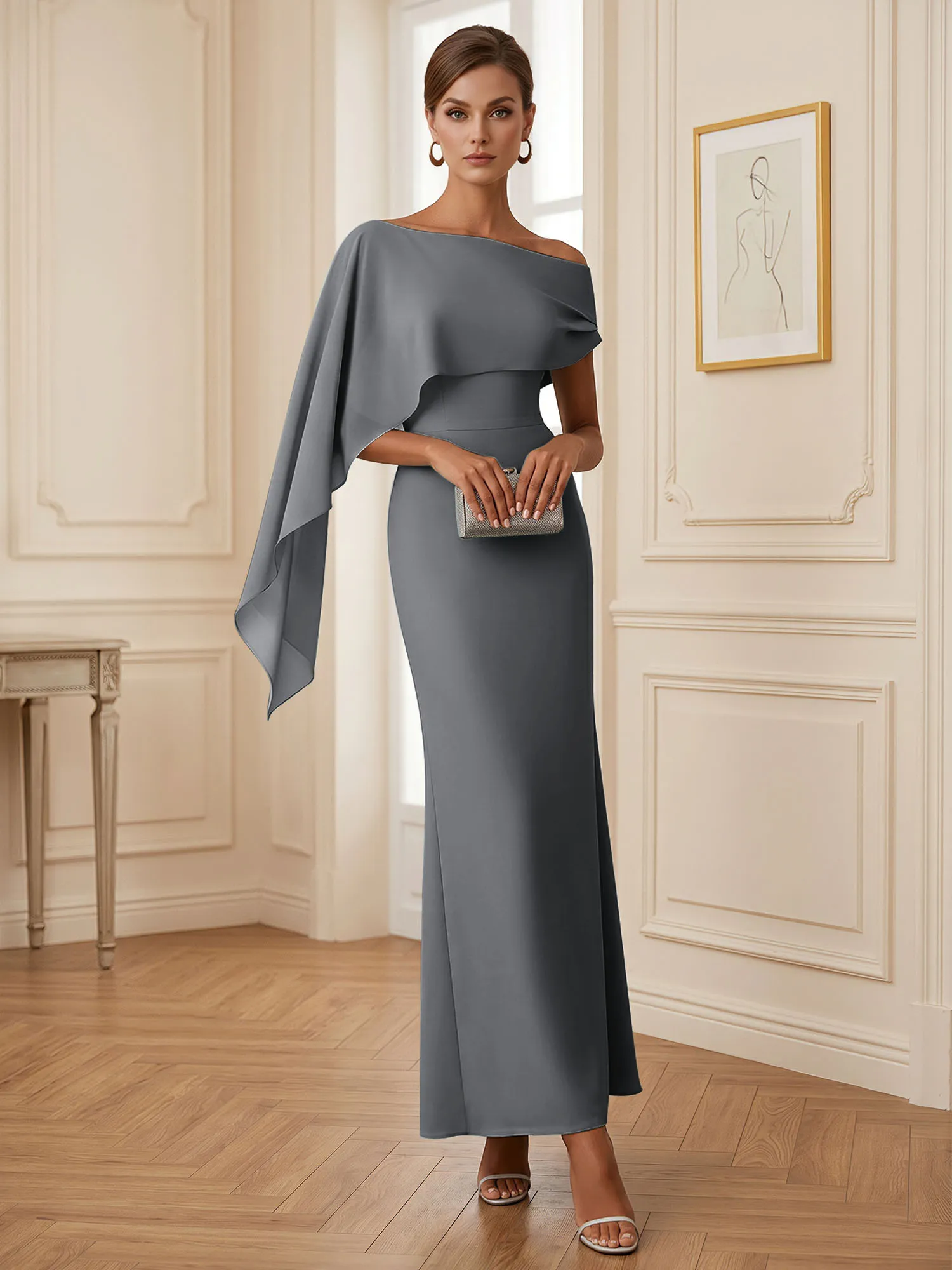 One-Shoulder Chiffon Overlay Mermaid Evening Gown