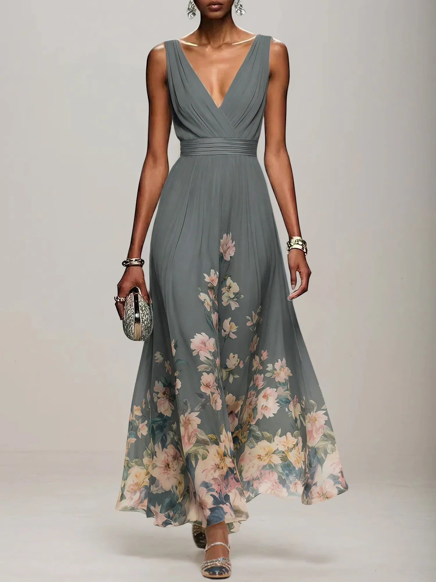 V-Neck Floral Print Chiffon Maxi Evening Dress with Satin Waist Bow