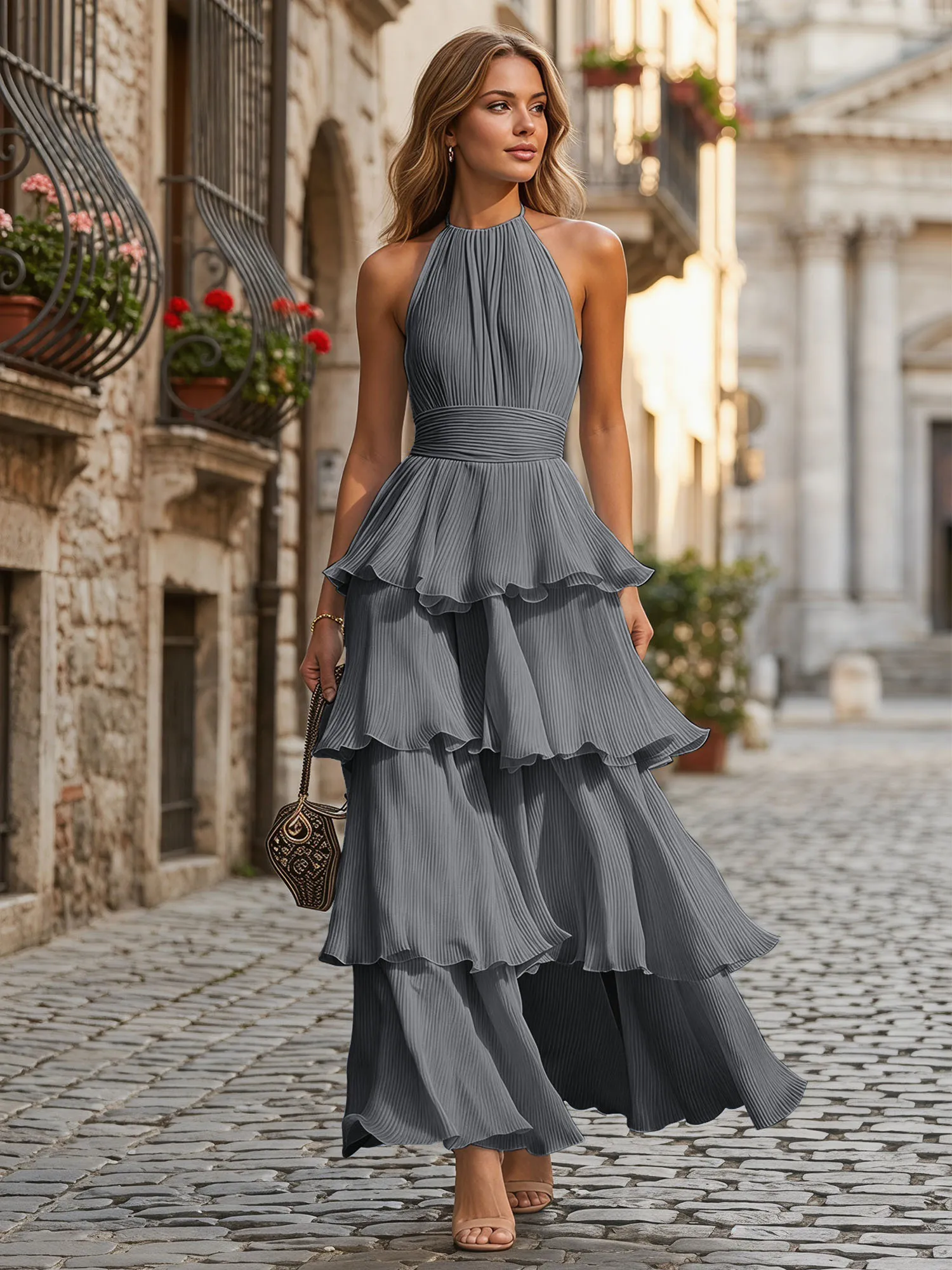 A Line Halter Neck Tiered Ruffle Chiffon Evening Dress