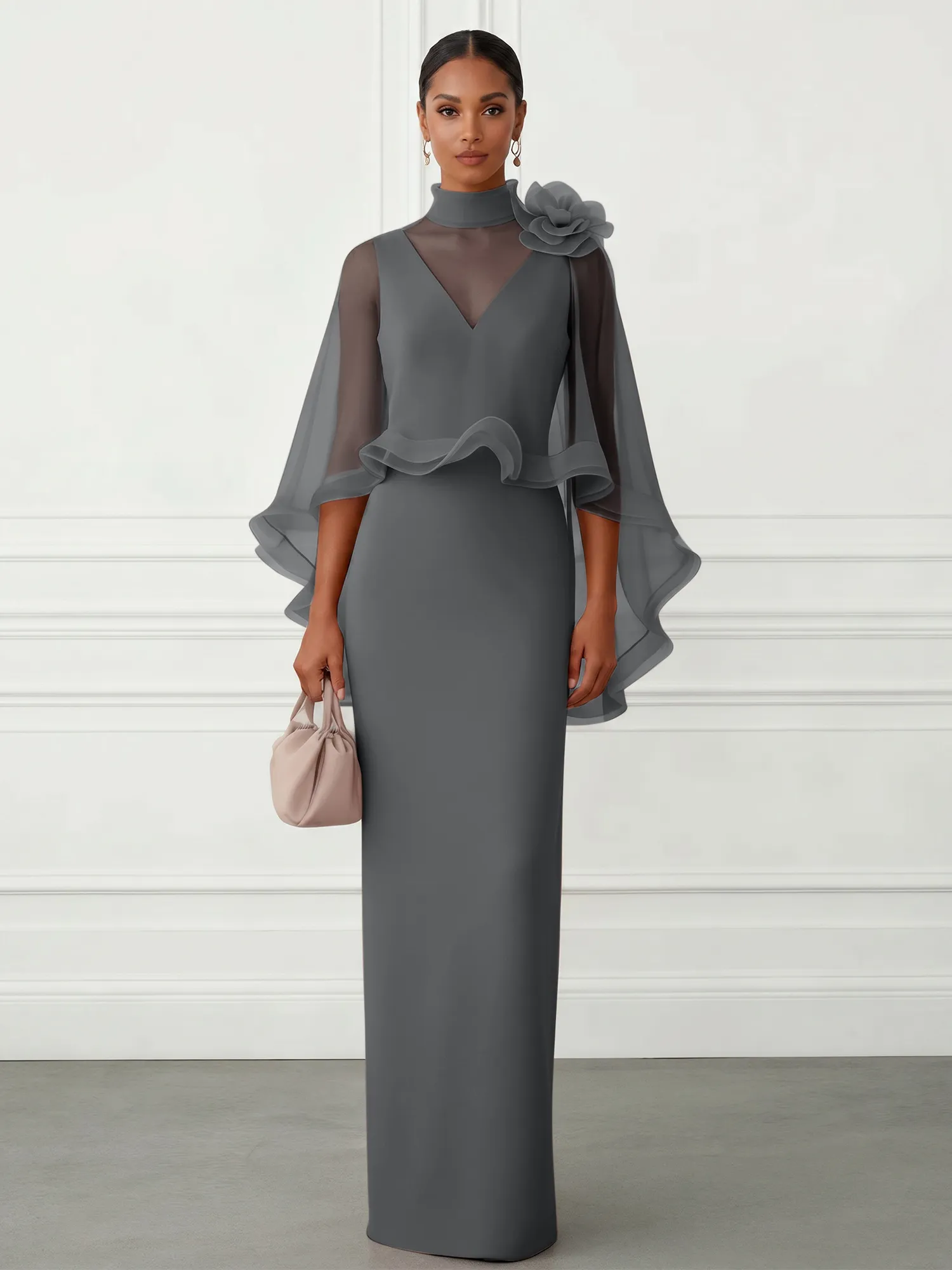 High-Neck Chiffon Cape Sleeve Sheath Evening Gown
